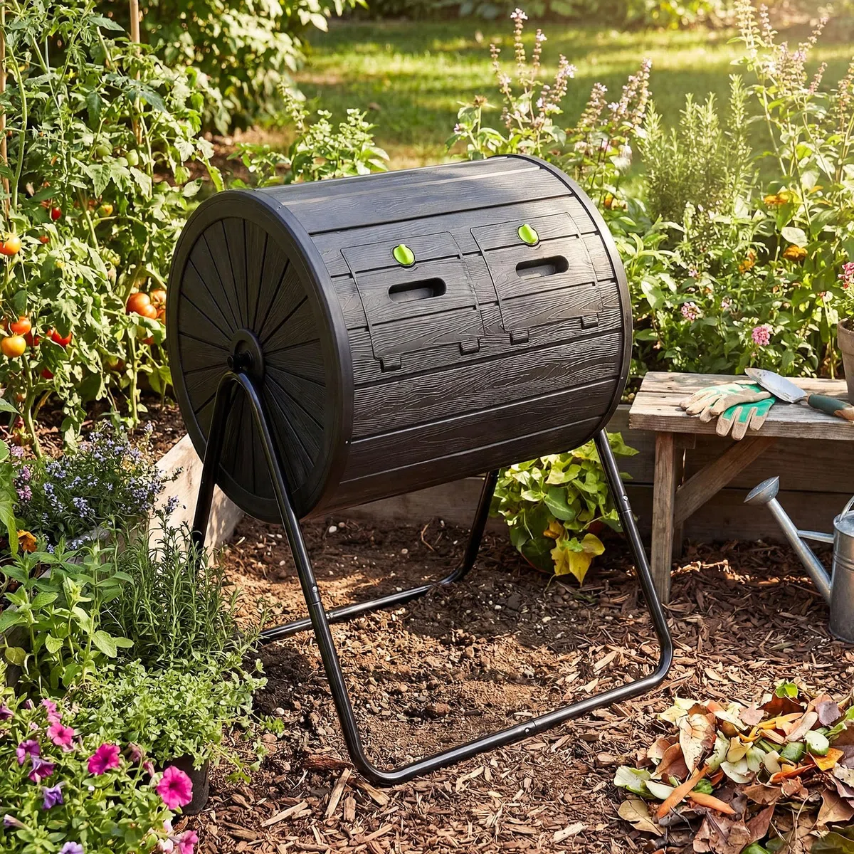 HOMASIS 142L Compostiera da Giardino, Compostiera Girevole a 360° in PP con Lame di Miscelazione, per Compostaggio Rifiuti Organici, Efficiente in 4-6 Settimane, Attrezzi da Giardinaggio (Nero)