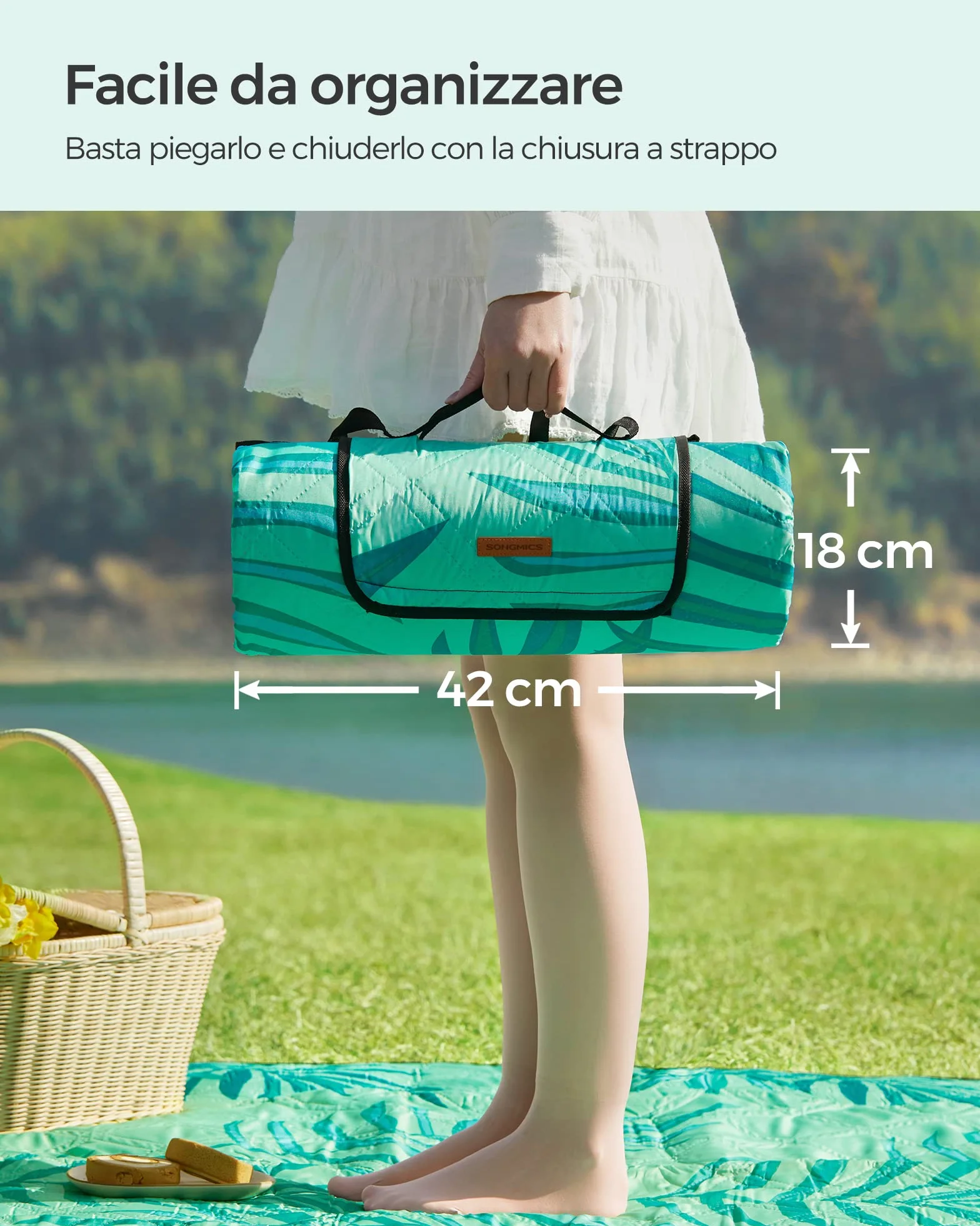 SONGMICS Coperta Picnic 200x200 cm Impermeabile Lavabile Pieghevole Verde GCM001C02
