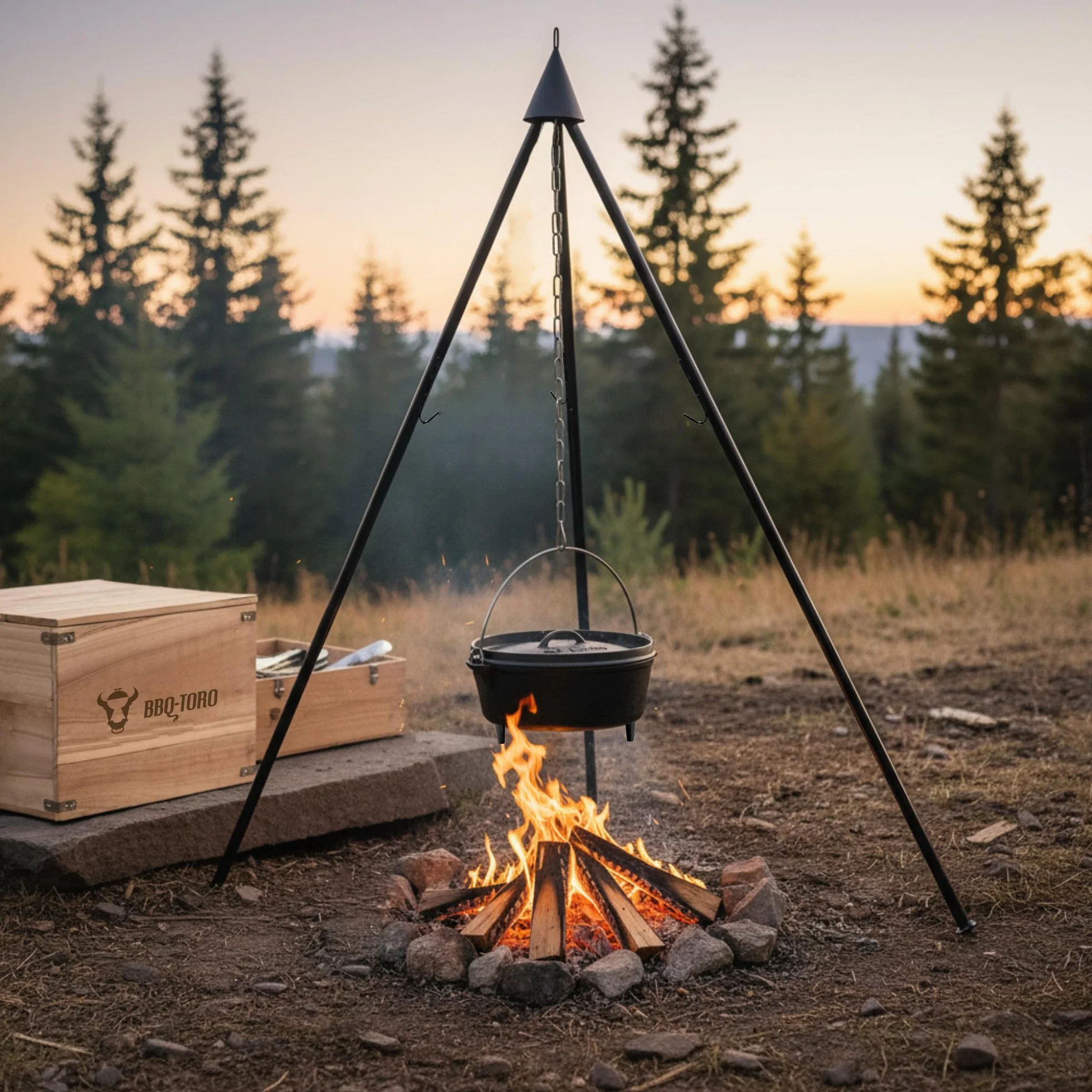 BBQ-Toro Dutch Oven Kit a 6 pezzi in scatola di legno, ghisa, bruciato in, pentola, padella, griglia, treppiede e altro ancora