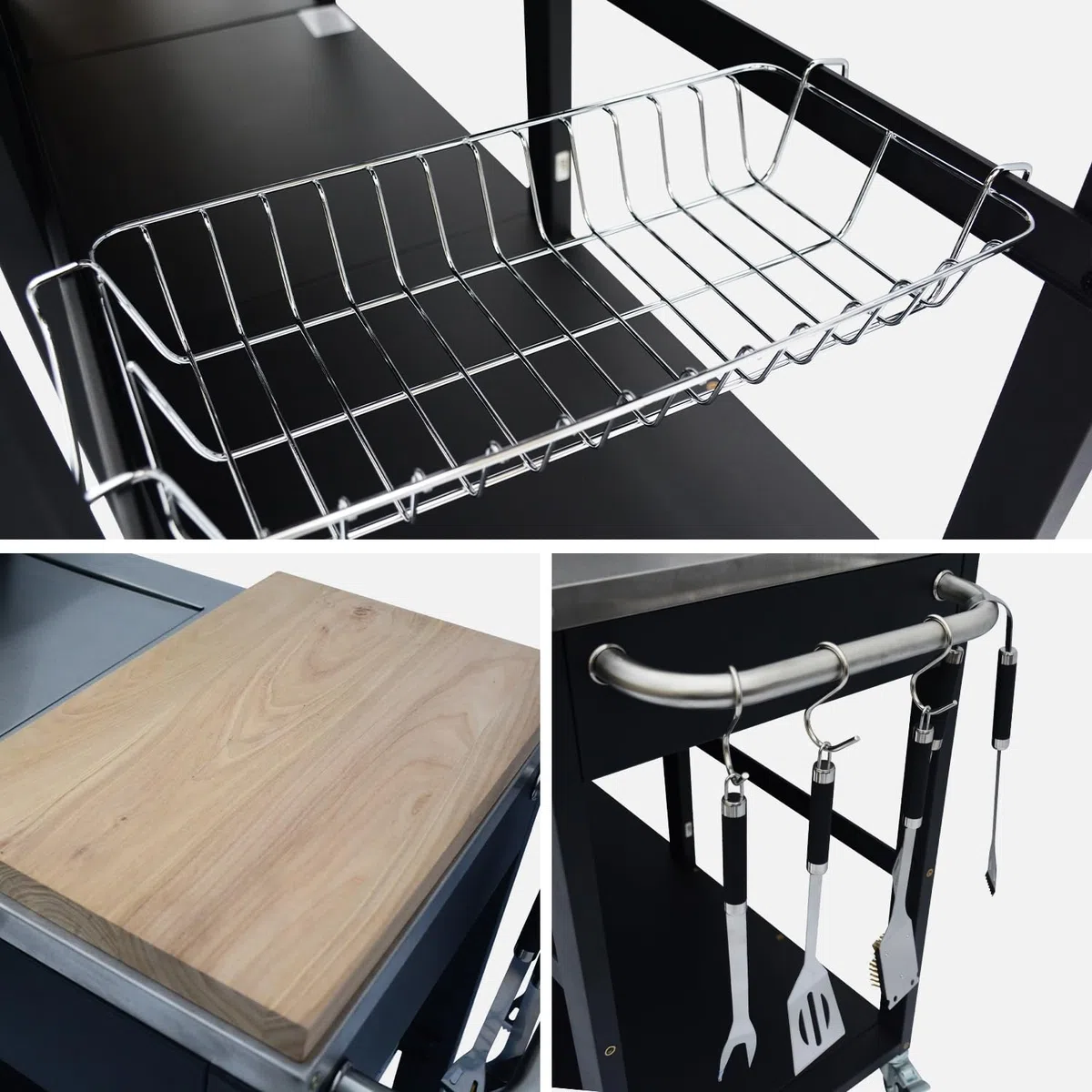 Modulo cucina da esterno con barbecue a 4 bruciatori, fuoco laterale, lavello e porta utensili Nero 247x187x112 cm