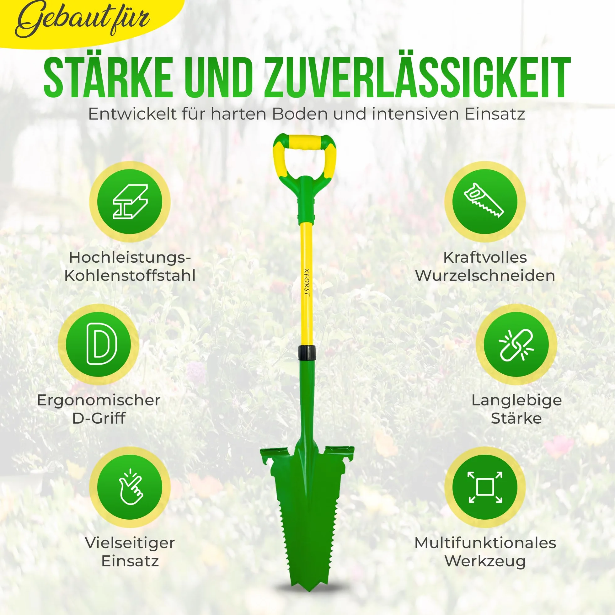 Xforst Vanga da Giardino SZ3 – Vanga con Sega per Radici 114 cm – Lama in Acciaio al Carbonio 25×35 cm – Manico in Fibra di Vetro Giallo con Impugnatura Ergonomica – Attrezzo da Giardinaggio e Outdoor