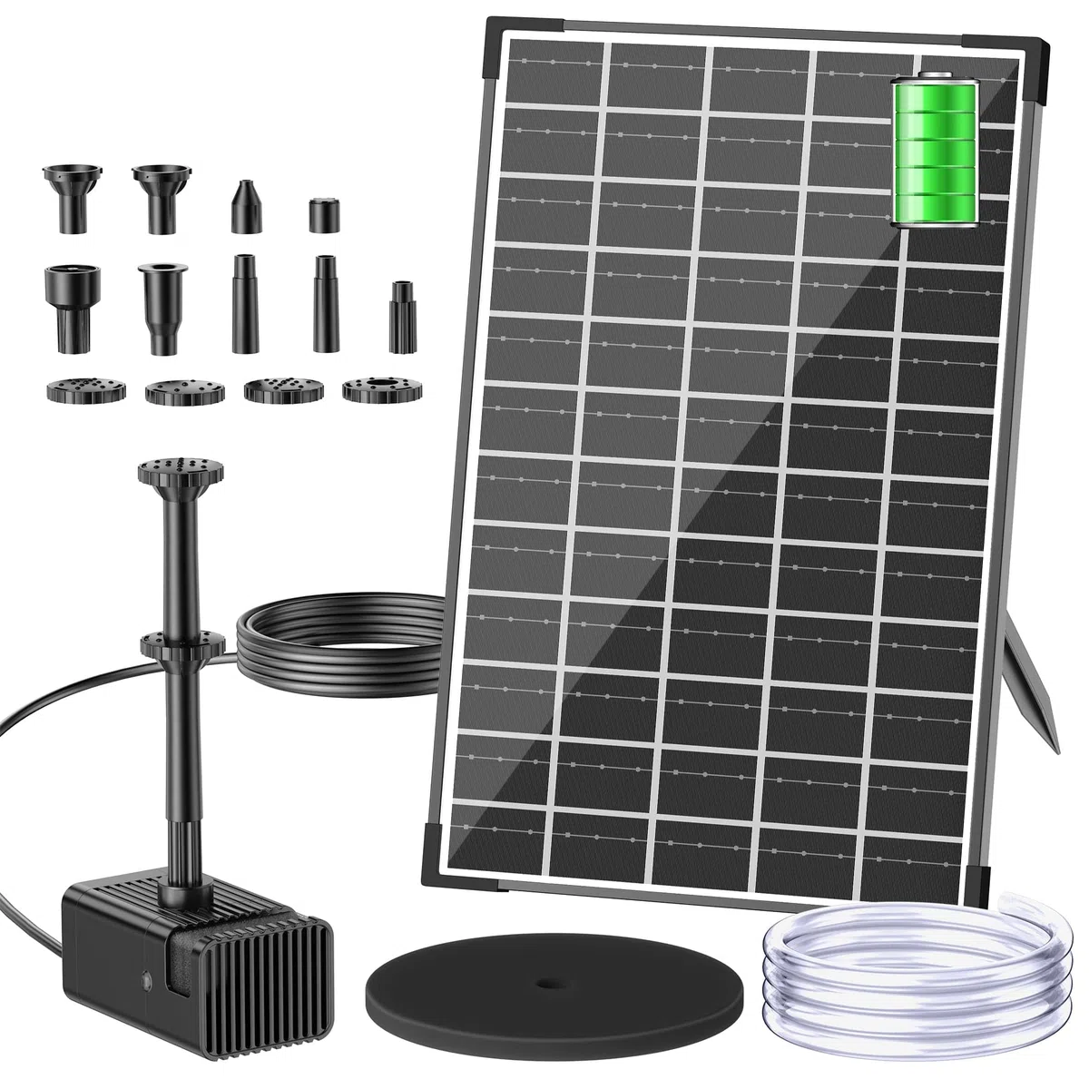 Biling Fontana solare da 12 W, per esterni, con batteria da 5000 mAh, silenziosa 300 l/h, pompa per laghetto solare con 8 ugelli con tubo, fontana solare per esterni, piccoli laghetti da giardino fino