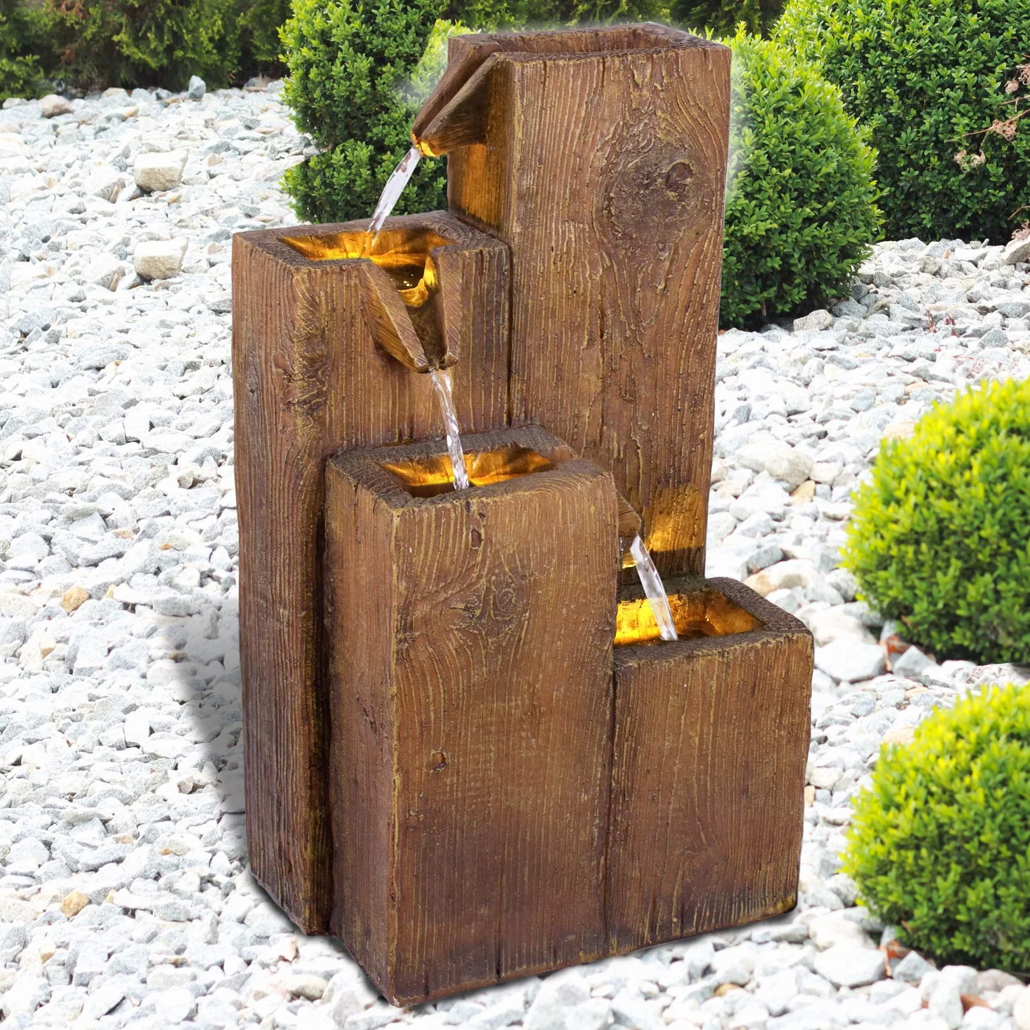 Fontana da giardino, fontana decorativa, fontana da interni, fontana con luce a LED, 230 V, gioco d'acqua, laghetto da giardino, terrazza (casette in legno)