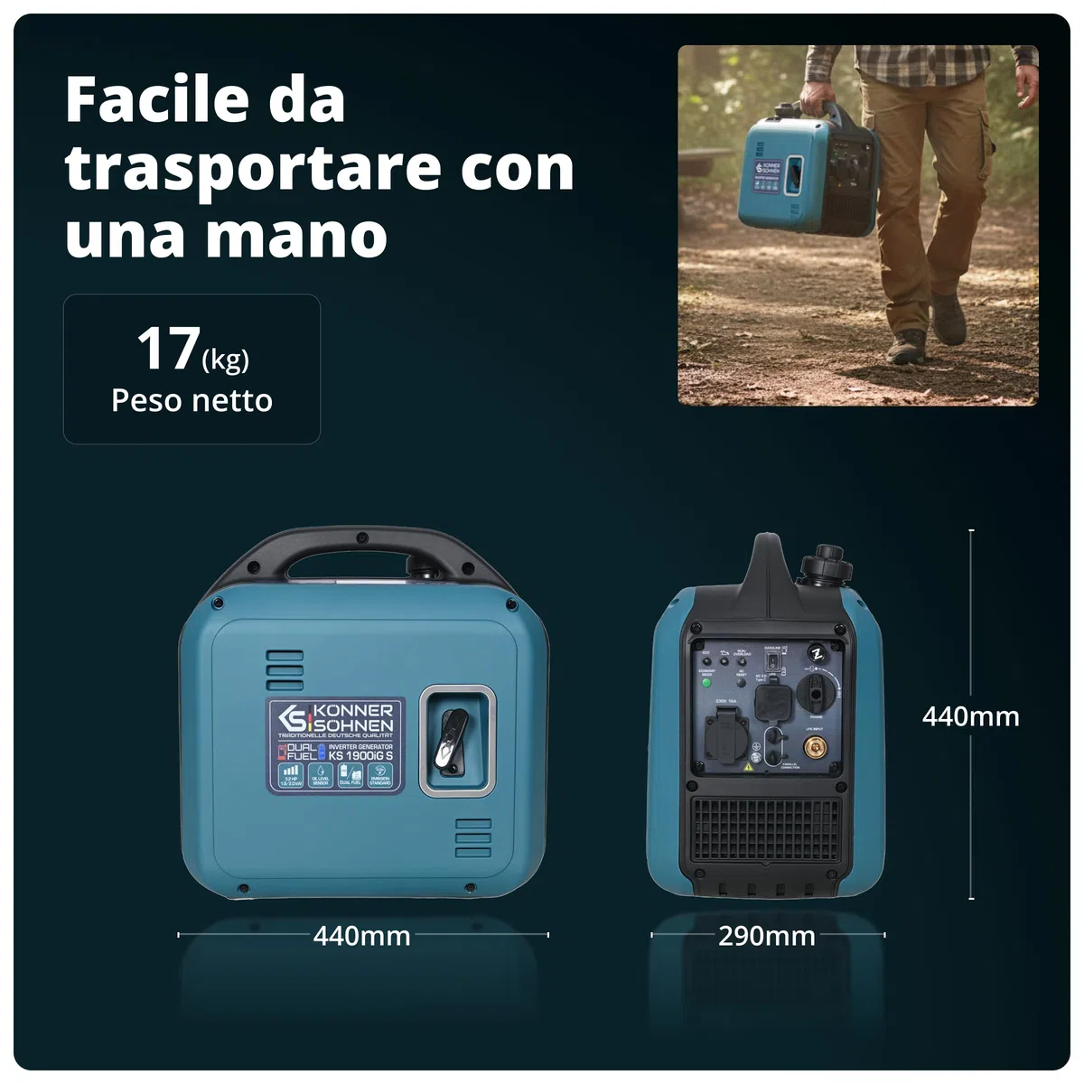 Könner & Söhnen KS 1900iG S Generatore inverter GPL 2,0 kW, Dual Fuel, generatore di corrente inverter Eco-Mode, generatore di corrente di emergenza per uso esterno, generatore a benzina, 230 V/16 A