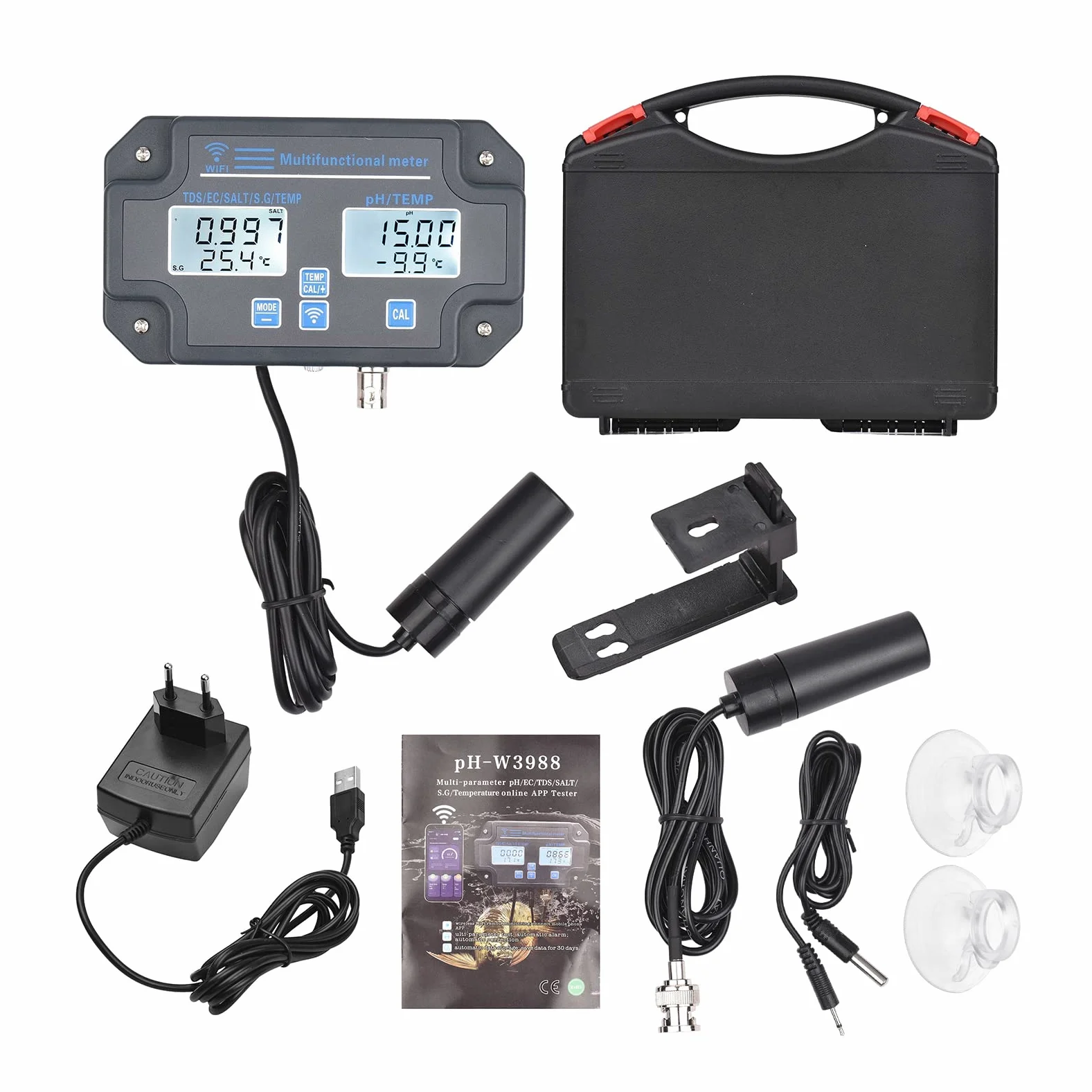 Tester digitale di qualità dell'acqua, montaggio a parete, analizzatore dell'acqua 6 in 1, PH/EC/TDS/SALT/S.G./temperatura, monitoraggio remoto APP, notifica di allarme per acqua potabile,