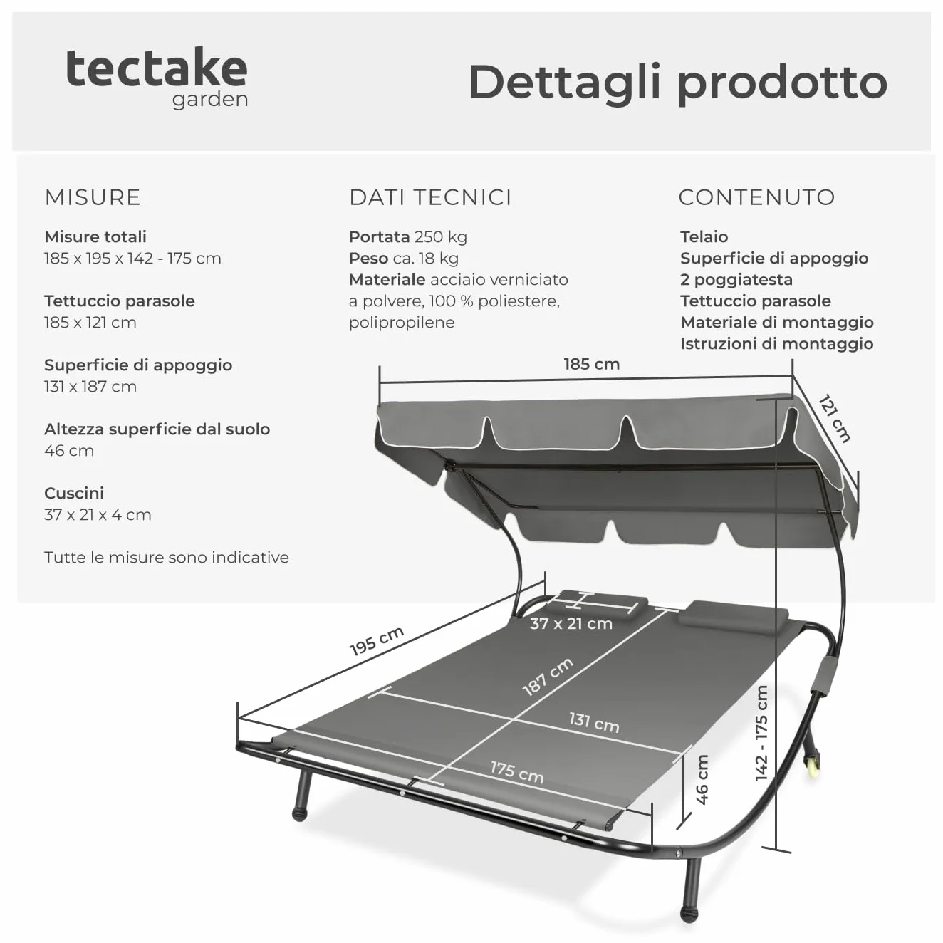 Tectake Lettino Prendisole Doppio con 2 Cuscini da Esterno, Telaio in Metallo, Rotelle, Tenda da Sole Pieghevole - Nero/Grigio