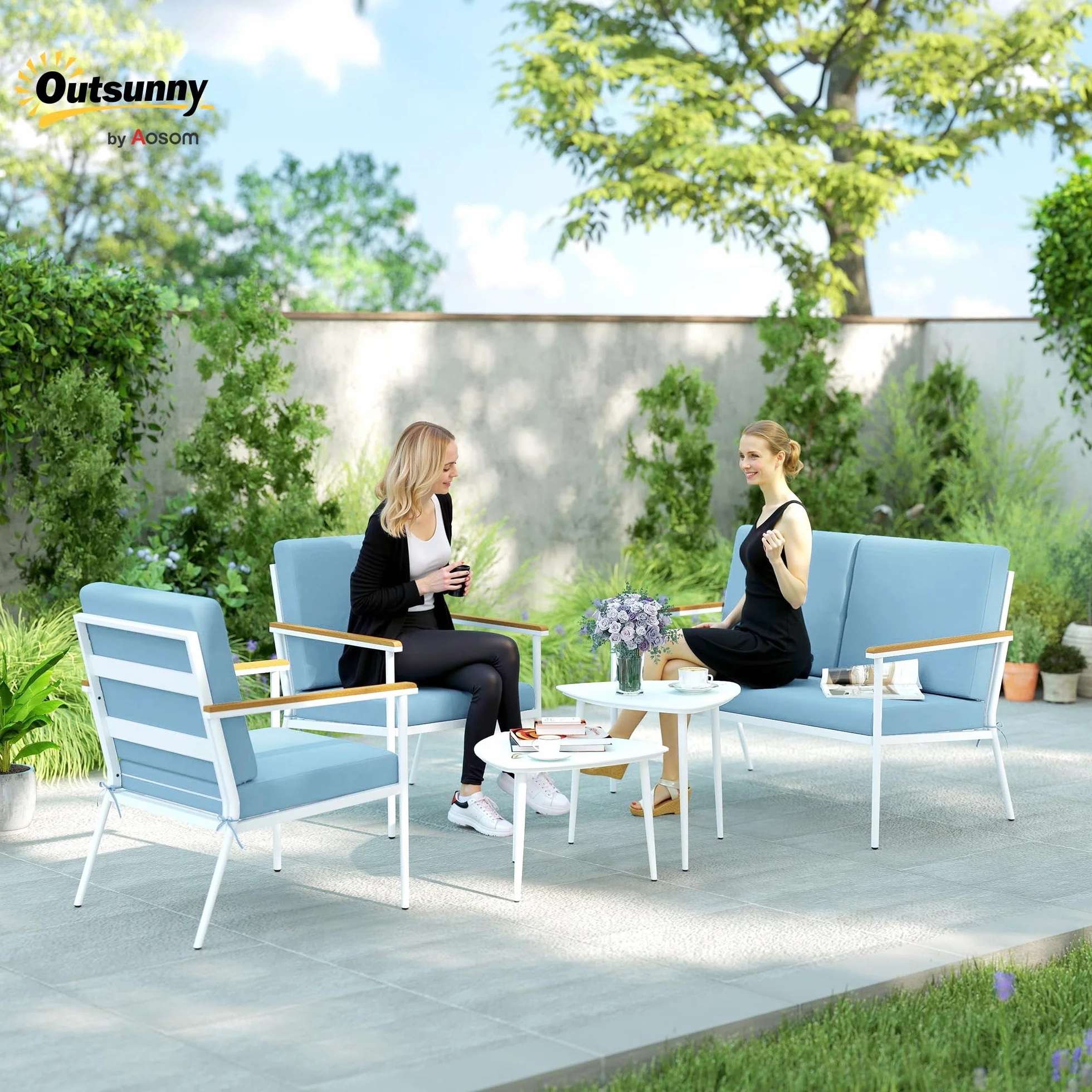 Outsunny Set Salotto da Giardino 5 Pezzi con Divanetto 2 Posti, Poltrone e Tavolino in Vetro, Azzurro
