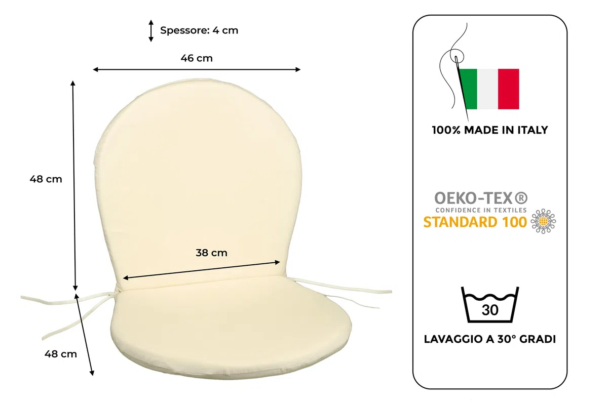 Set di 4 Cuscini da Esterno per Sedia Ronda emu, Tessuto Acrilico Dralon, ECRU, 96 x 46 cm, Made in Italy