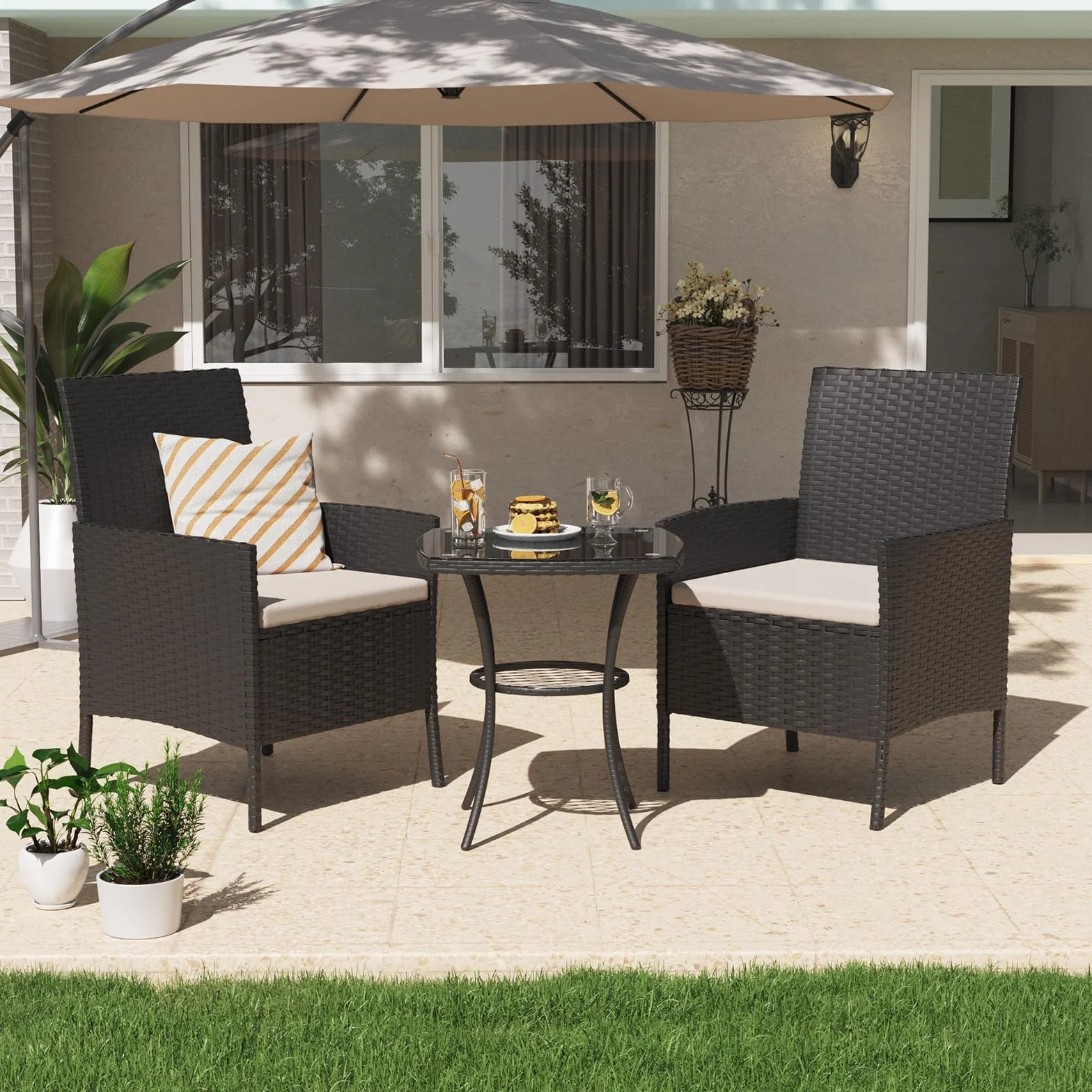 UDPATIO Salotto da Giardino in Rattan, Set Mobili da Giardino 3 Poltrone e Tavolino, Struttura Metallica, Vetro Temperato, Nero