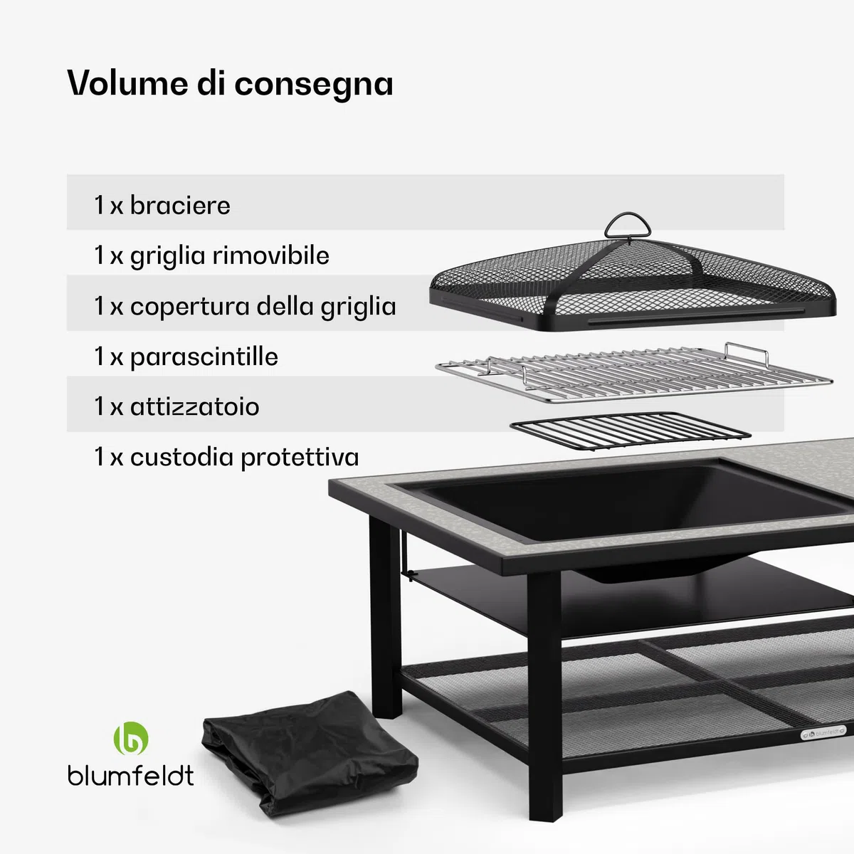 blumfeldt Merano Avanzato L Braciere da Giardino - 3-in-1 Braciere Barbecue & Tavolo, Telaio in Acciaio, Piano in Terrazzo, Include Griglia, Attizzatoio, Parascintille & Coperchio, Nero