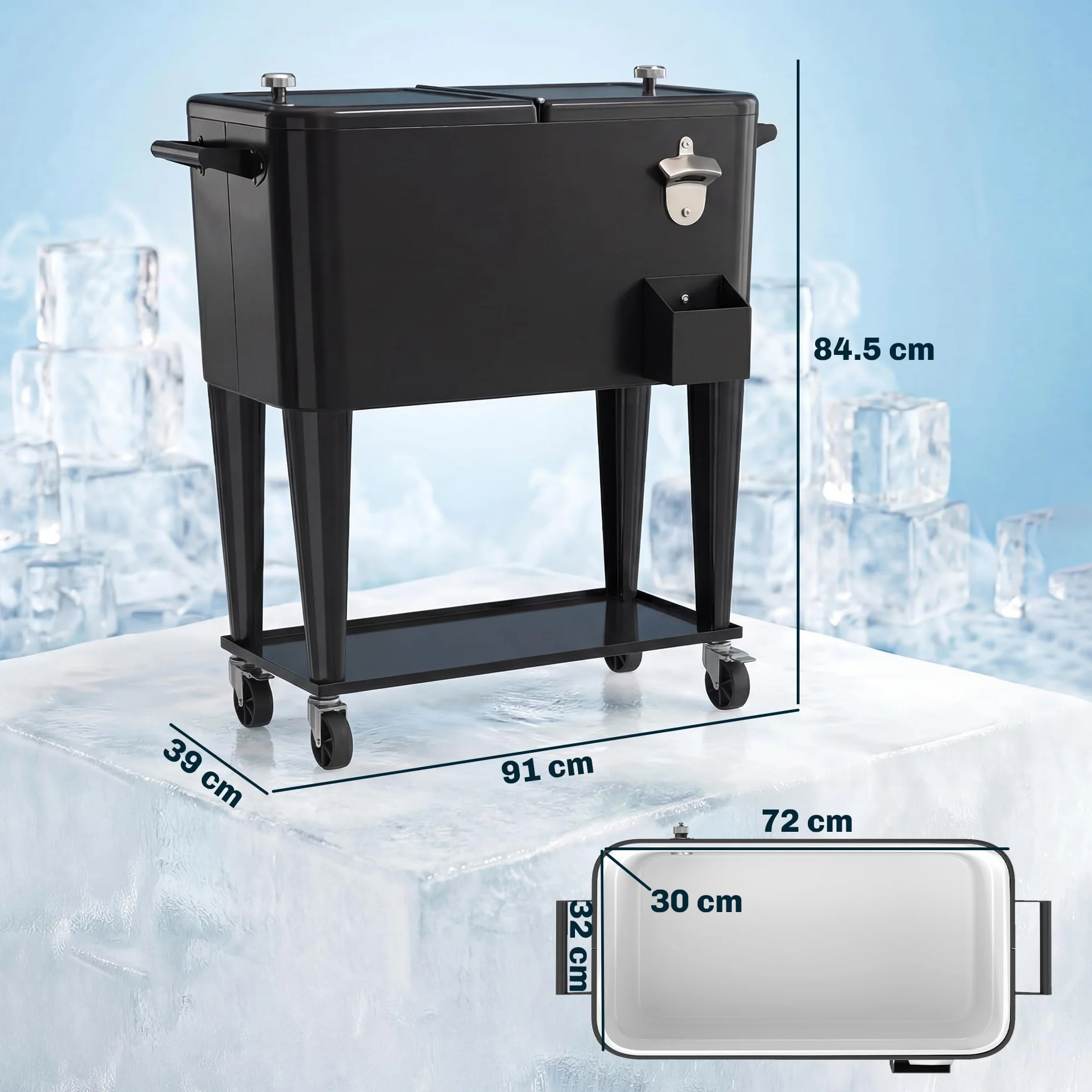 Outsunny Ghiacciaia da Giardino 76L, Carrello Portavivande con Ruote Bloccabili, Nero