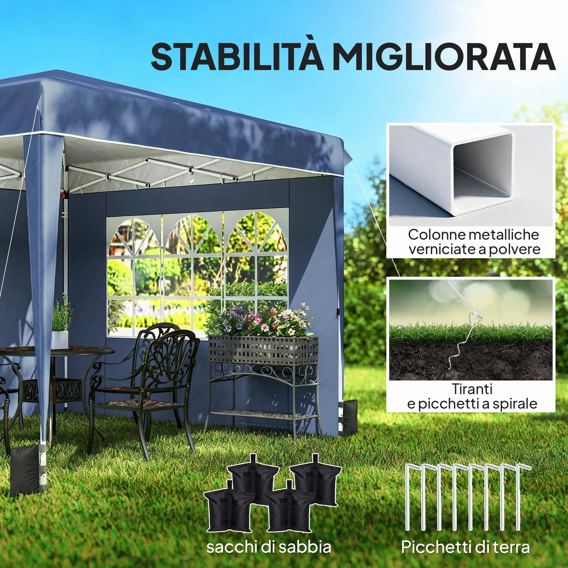 Outsunny Gazebo 3x3m Pieghevole Pop Up Altezza Regolabile, Gazebo da Giardino con Pareti Laterali, UV50+, Blu Scuro