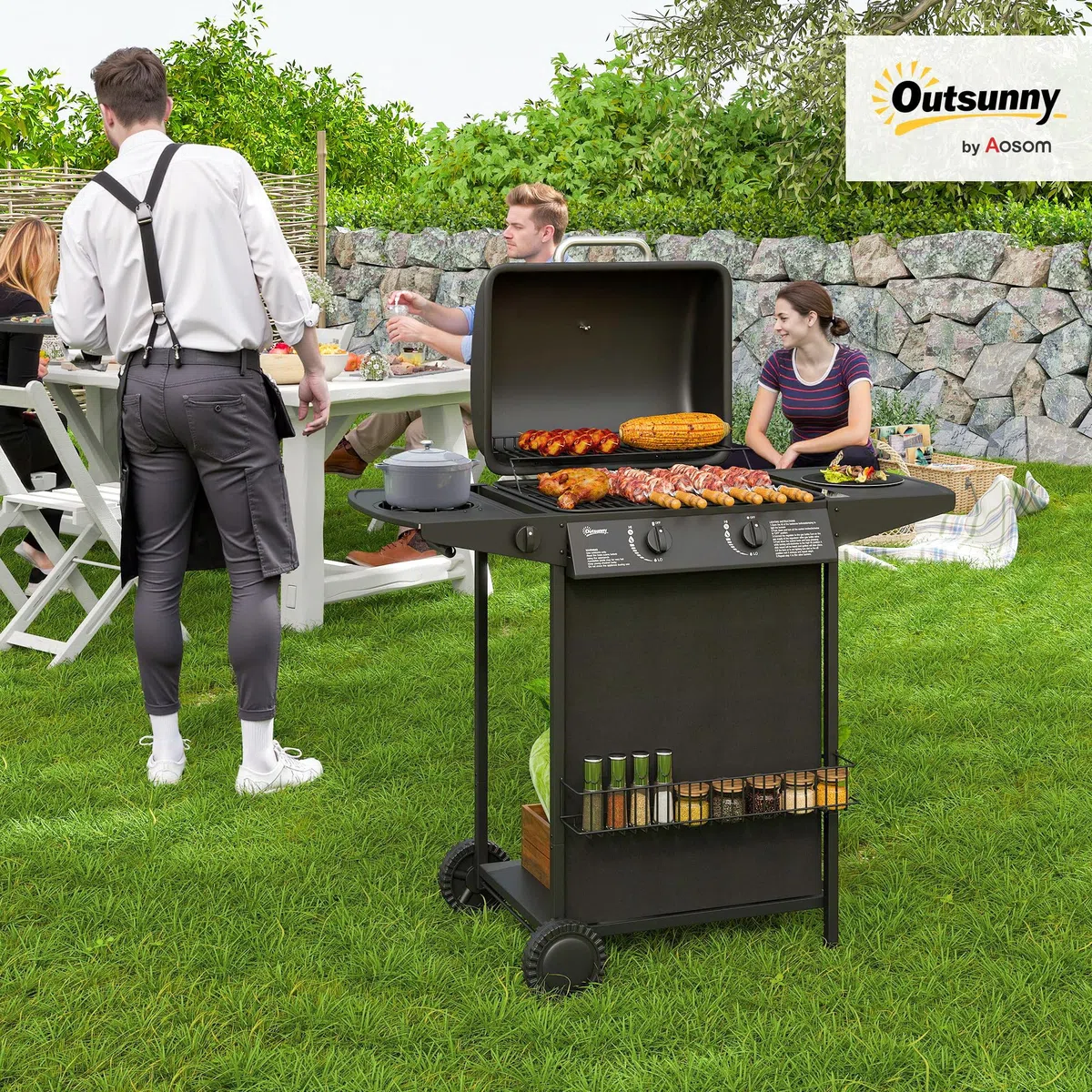 Outsunny Barbecue a Gas 7kW 2+1 Bruciatori con Coperchio, Termometro, Tavolino Laterale, Nero