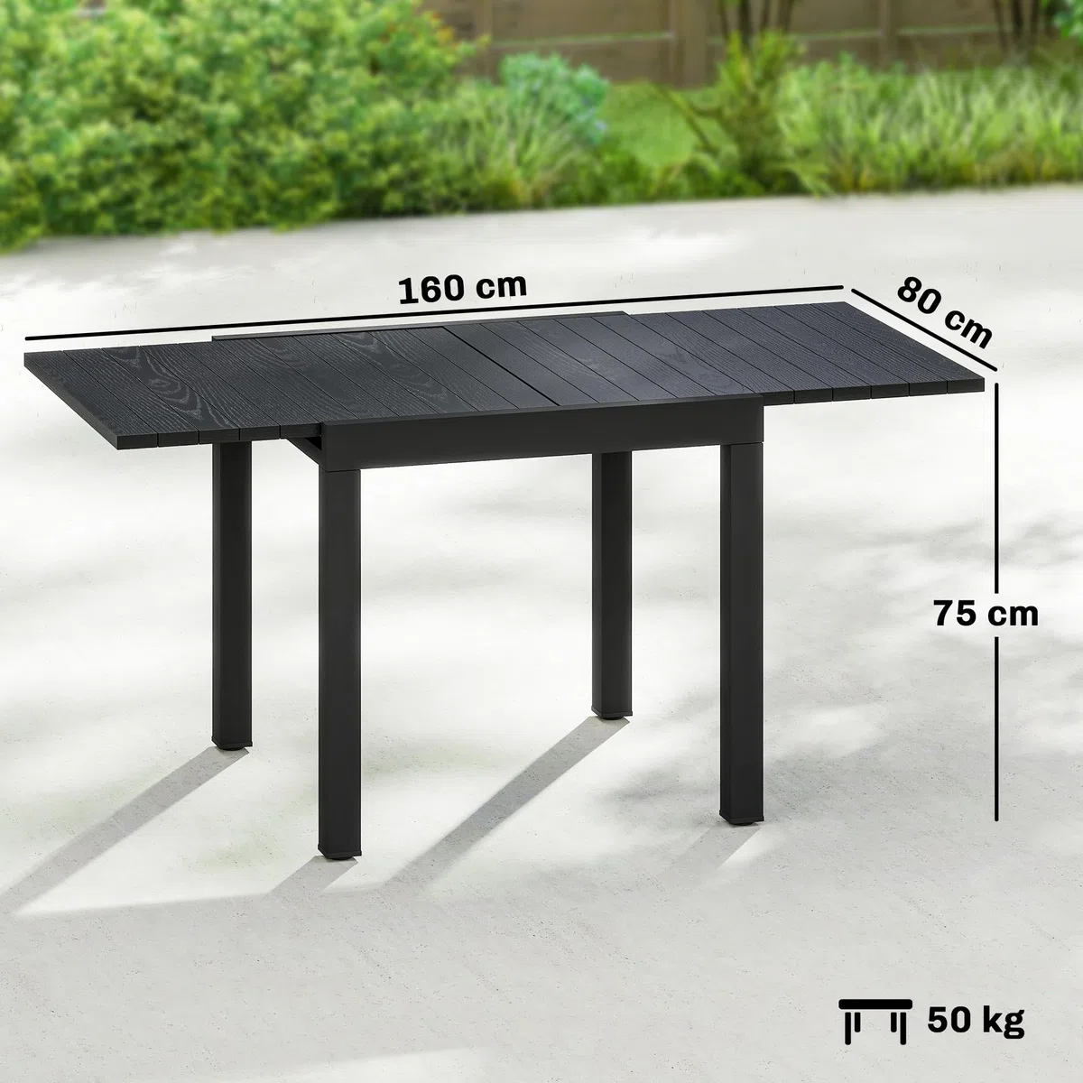 Outsunny Tavolo da Giardino Allungabile per 4-6 Persone 80/160x80 cm, Tavolo da Pranzo Esterno Estensibile Rettangolare in Alluminio con Piano Effetto Legno a Doghe, per Patio Terrazzo Balcone, Nero