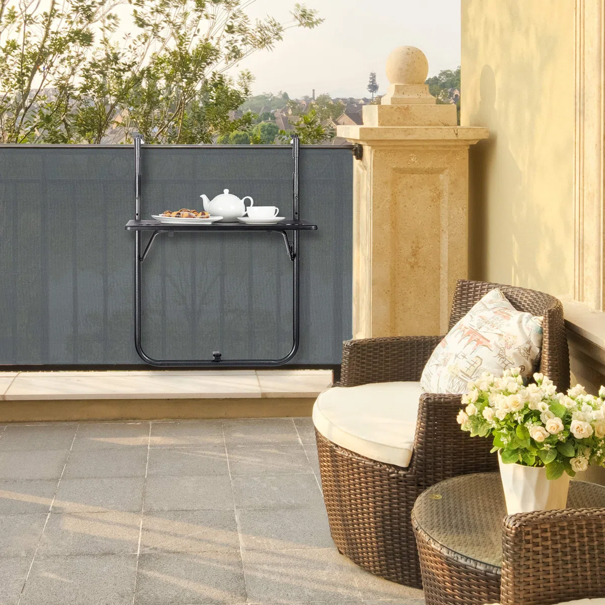 Relaxdays Tavolino Pieghevole per Balcone, 3 Altezze Regolabili, 59,5x36 cm, Effetto Legno Nero