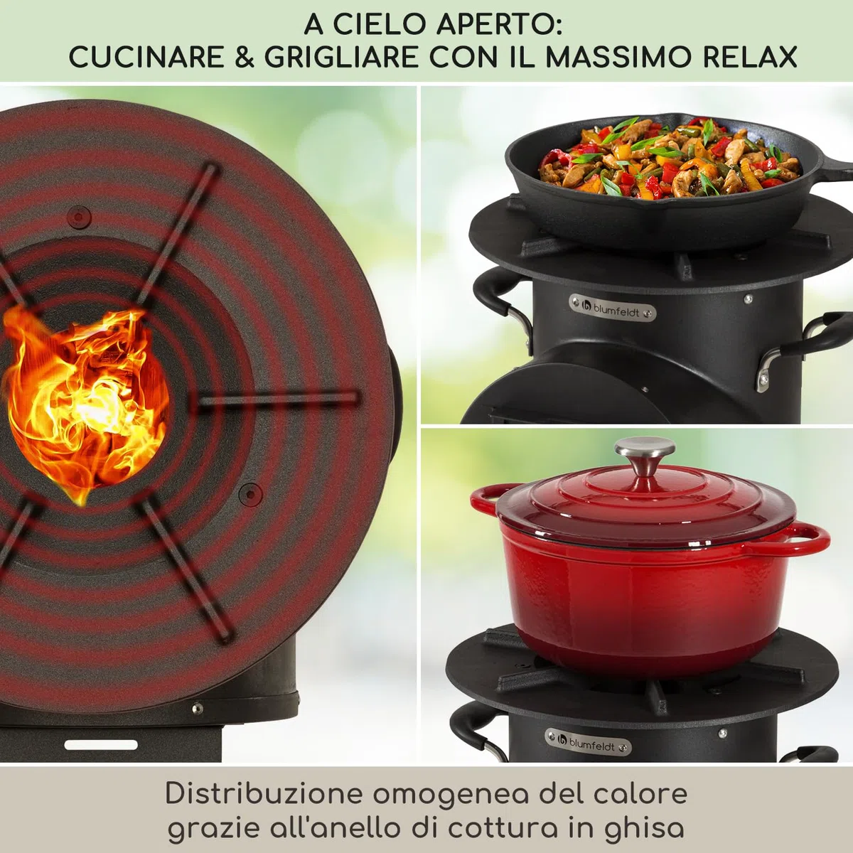 blumfeldt Braciere da Giardino Esterno, Braciere da Esterno Portatile, Braciere da Giardino con Griglia, Posacenere e Attizzatoio, Bracere Esterno Legna, Griglia Barbecue da Campeggio con Base Legno