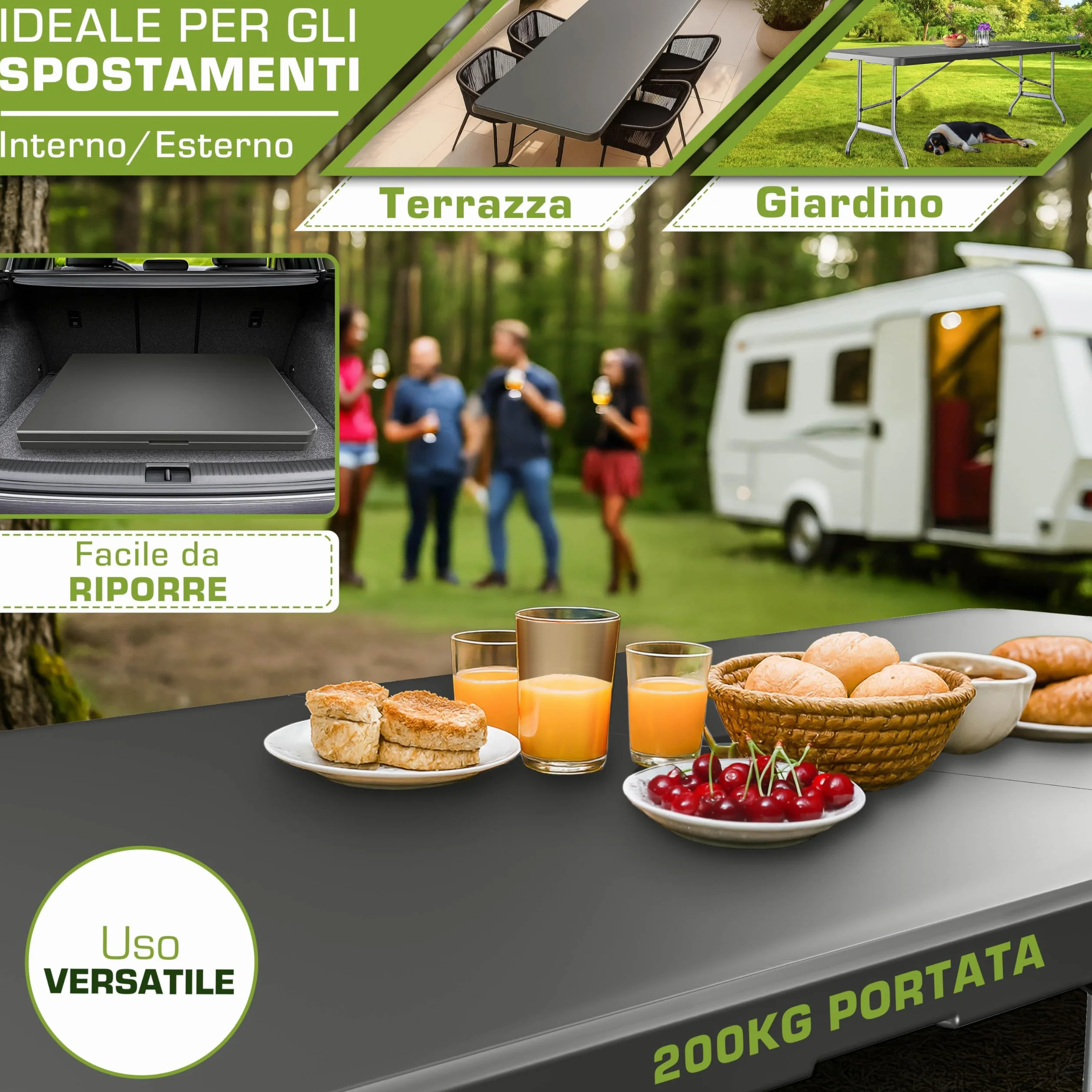 tillvex Tavolo da giardino pieghevole 180x75cm plastica