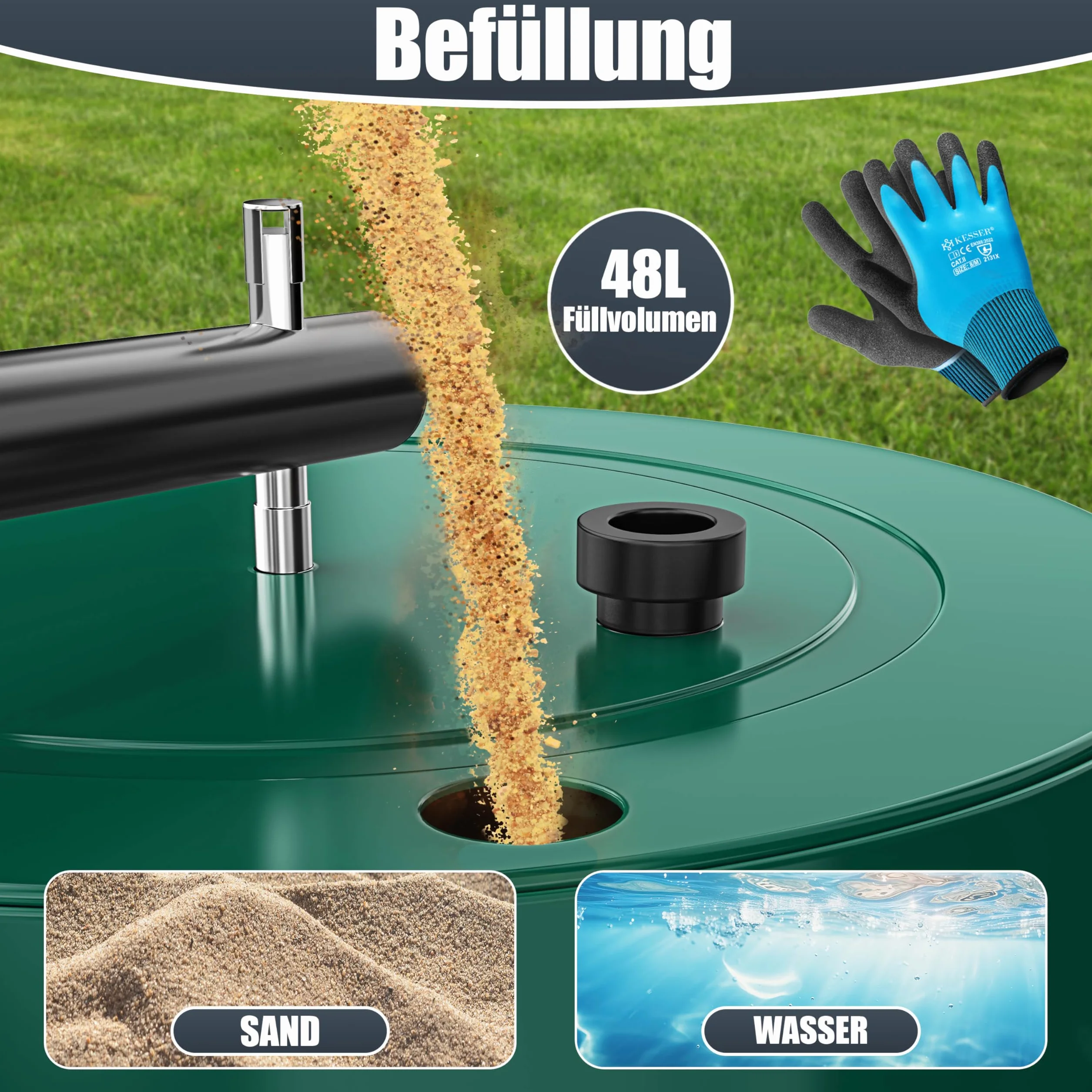 KESSER® - Rullo per Prato 60cm 48l Volume di riempimento in Metallo con deflettore dello Sporco Rullo Manuale Rullo per Giardino Rullo per Campo Rullo riempibile con Acqua/Sabbia 60 kg, Verde