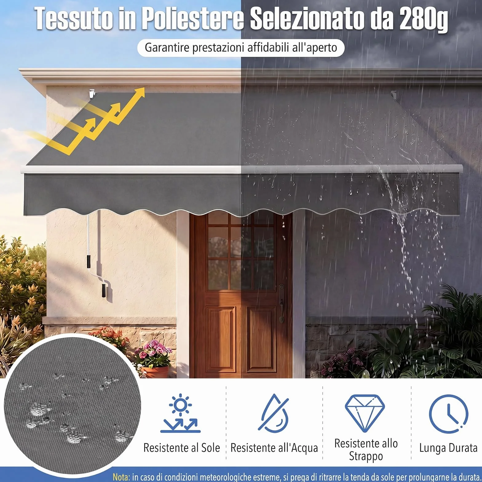 COSTWAY Tenda da Sole per Esterno Avvolgibile a Bracci Estensibili in Alluminio Impermeabile Grigio 245 x 200 cm