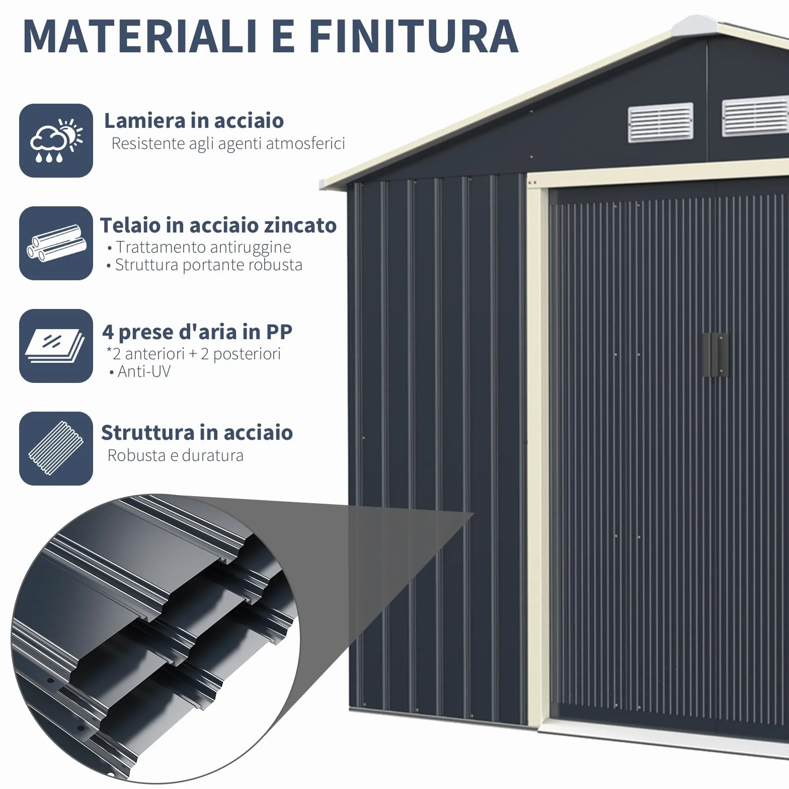 RELAX4LIFE Casetta da Giardino 340 x 319 x 210 cm (10,19 m²), Acciaio Zincato, 4 Prese d'Aria, Porta 117x162 cm, Tetto Inclinato, Porte Scorrevoli, Expandibile, Grigio