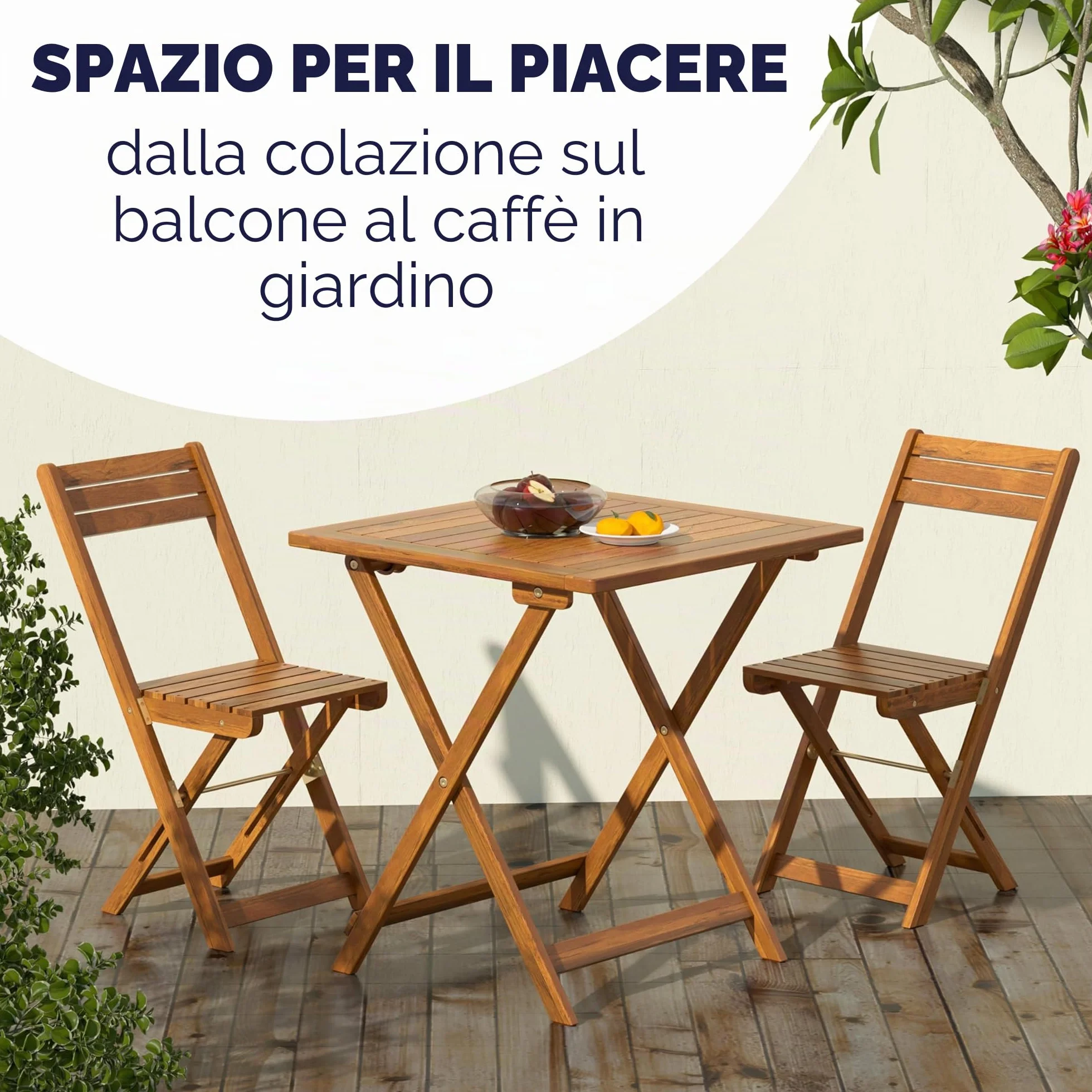 Casaria Set da Balcone Tavolo e 2 Sedie in Legno di Acacia Pieghevole 3 Pezzi