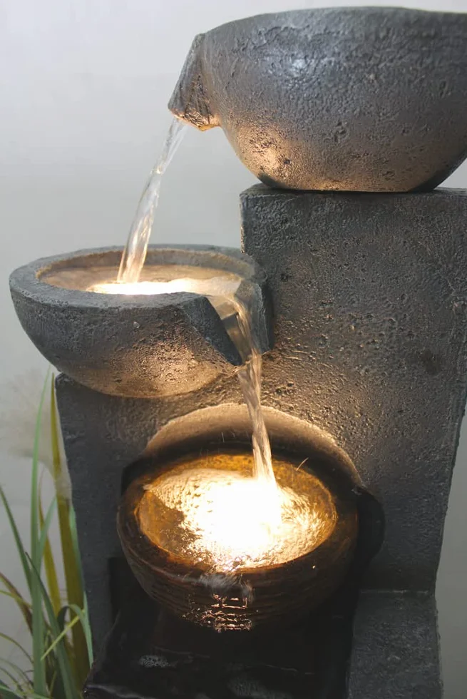 Arnusa, Grande fontana da giardino con illuminazione a LED, fontana a cascata, decorazione da giardino, Nero, Grigio