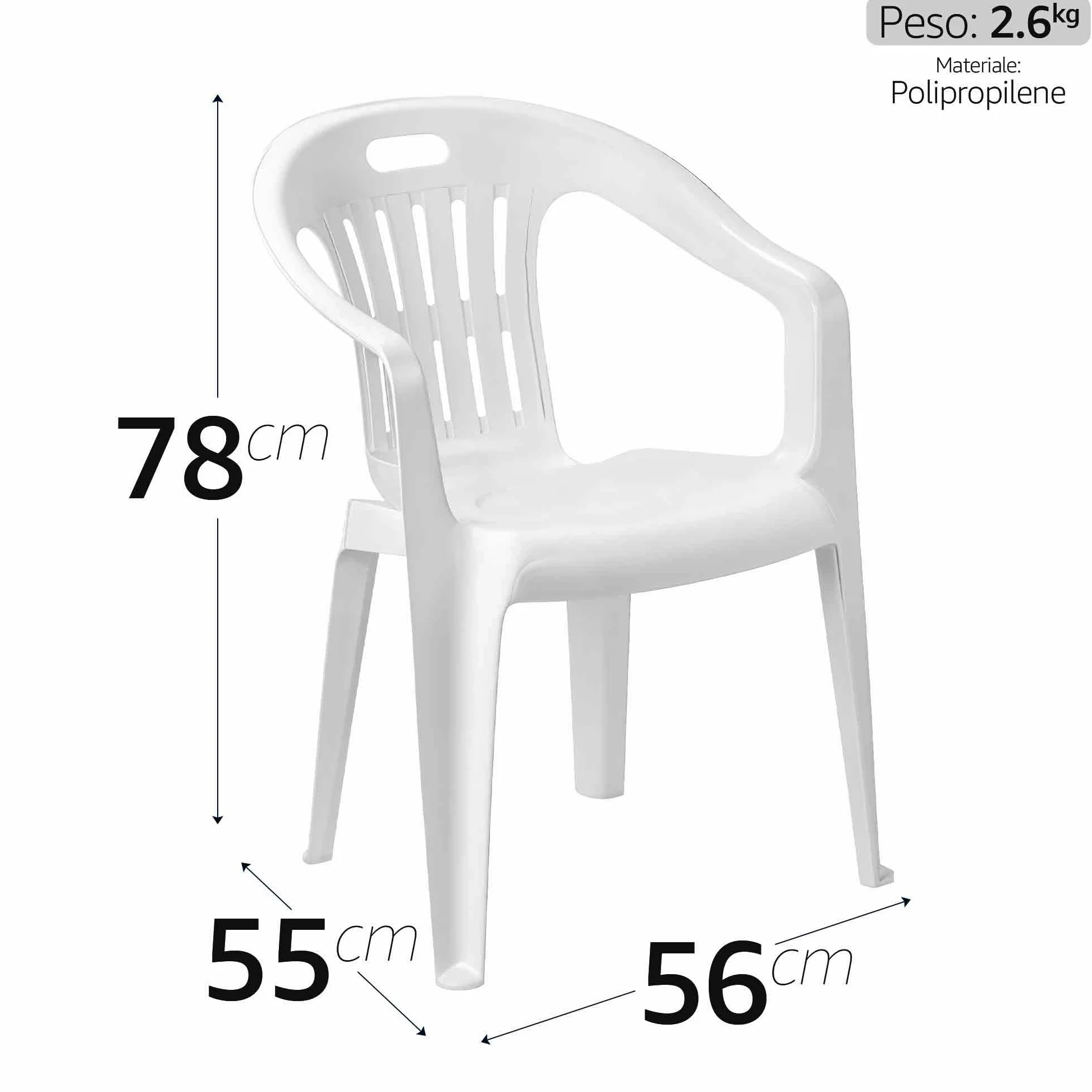 Sedia da Giardino in Plastica con Braccioli Impilabile 56x55x78h cm Bianco
