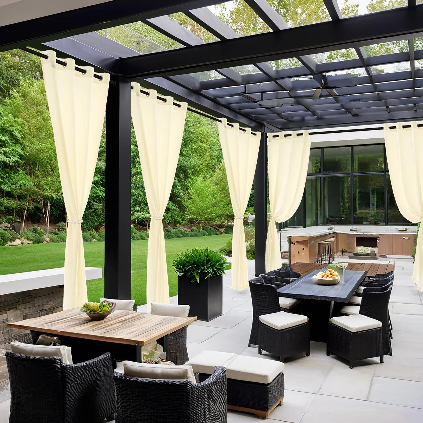 MIULEE Tende per Esterni Impermeabile con Occhielli 2 Pannelli, Tende da Esterno in Voile Semi-Trasparenti per Giardino, Balcone e Gazebo, Beige 140×240cm