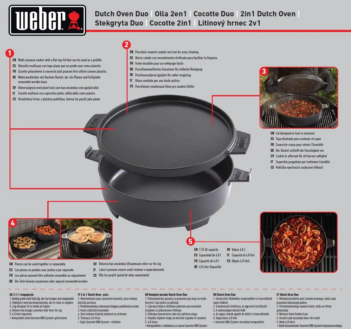 Weber Dutch Oven 2-in-1 per Sistema Gourmet BBQ/pentola in ghisa con Coperchio Utilizzabile Come Padella – Nero (8857)