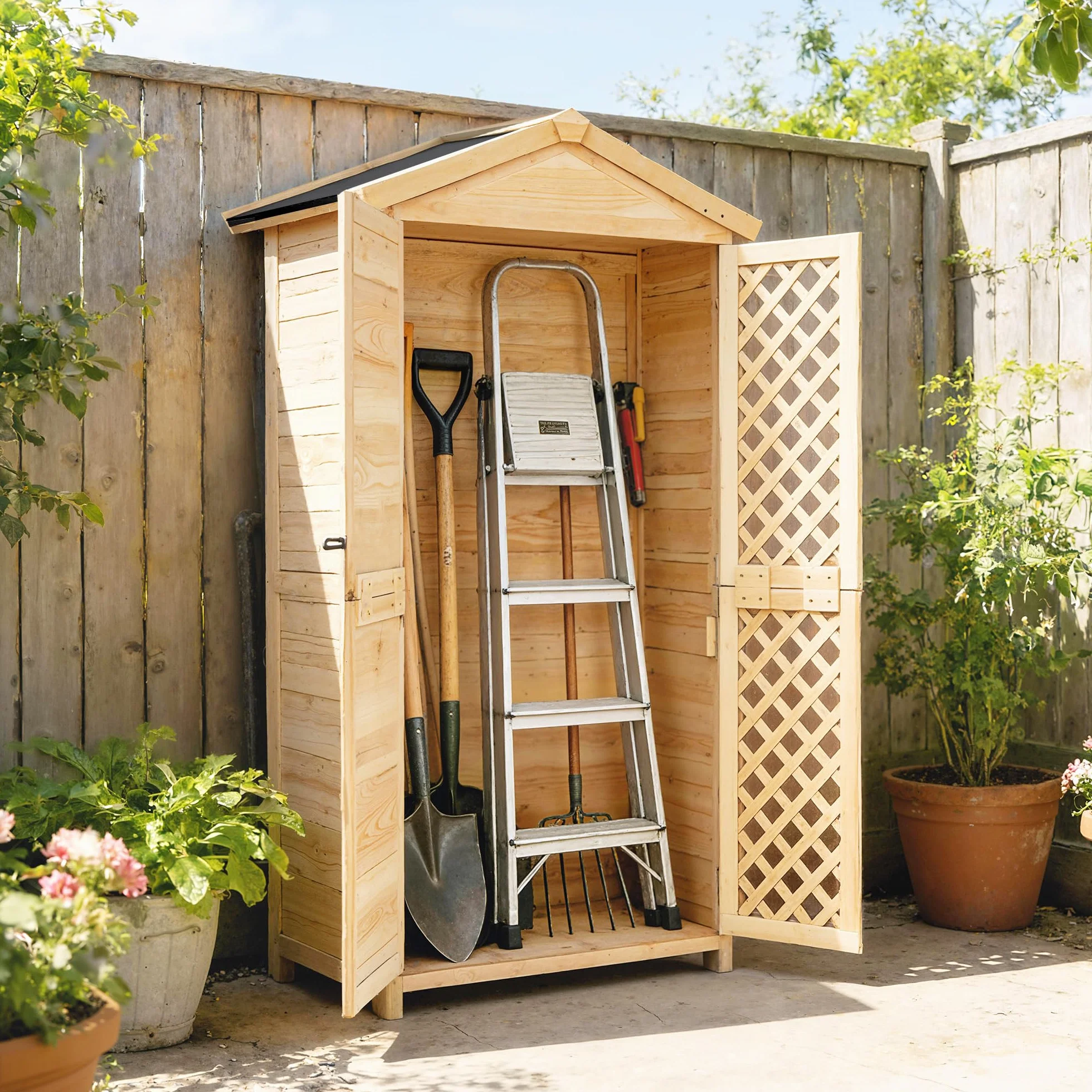 Outsunny Armadio da Giardino in Legno di Abete con Ante Ventilate e Kit Antiribaltamento, Casetta Porta Attrezzi da Esterno con Ripiani Rimovibili e Tetto Inclinato in Asfalto, Colore Legno