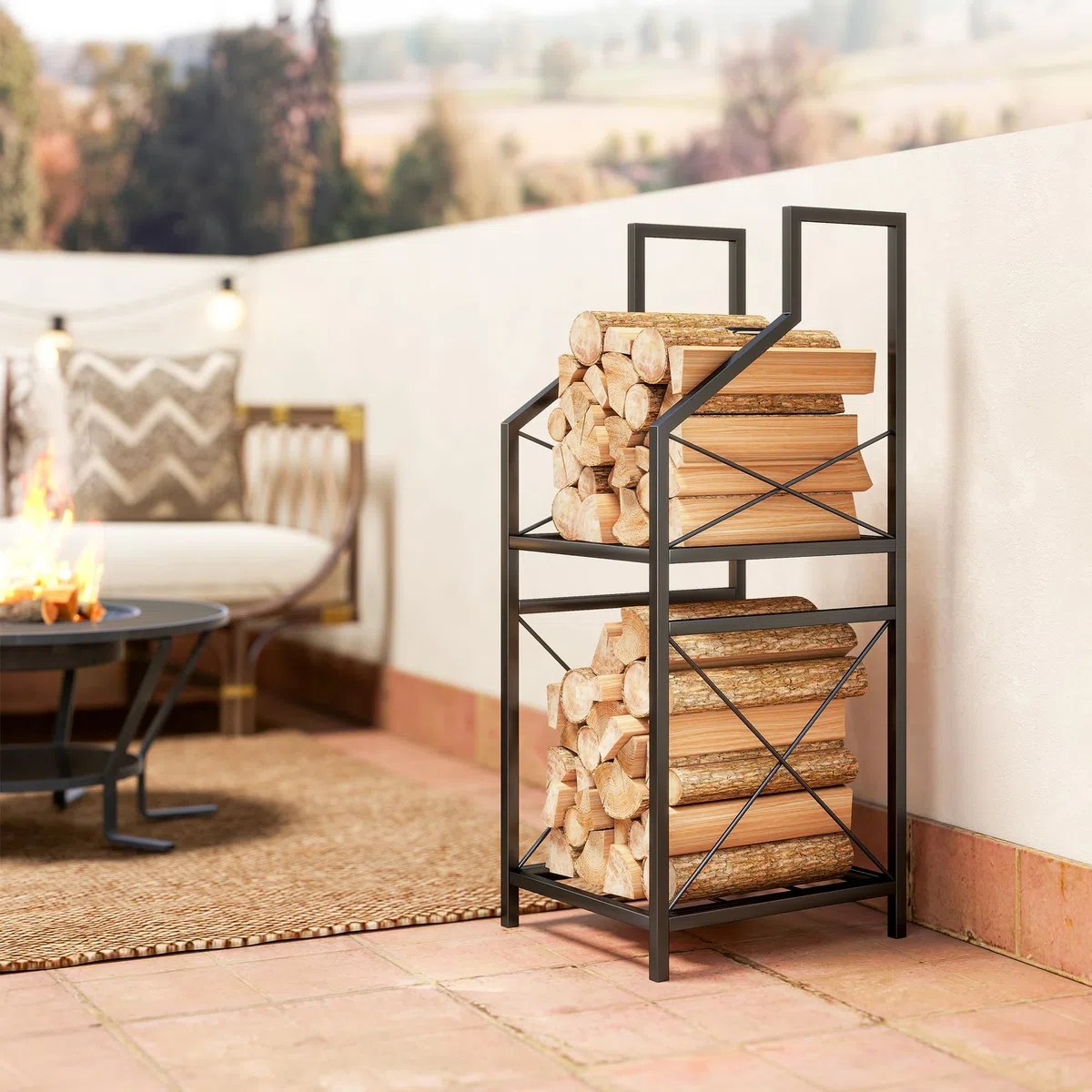 Outsunny Portalegna da Interno Rialzato a 2 Livelli, Legnaia in Metallo 60 kg, 34x30x80 cm, Nero