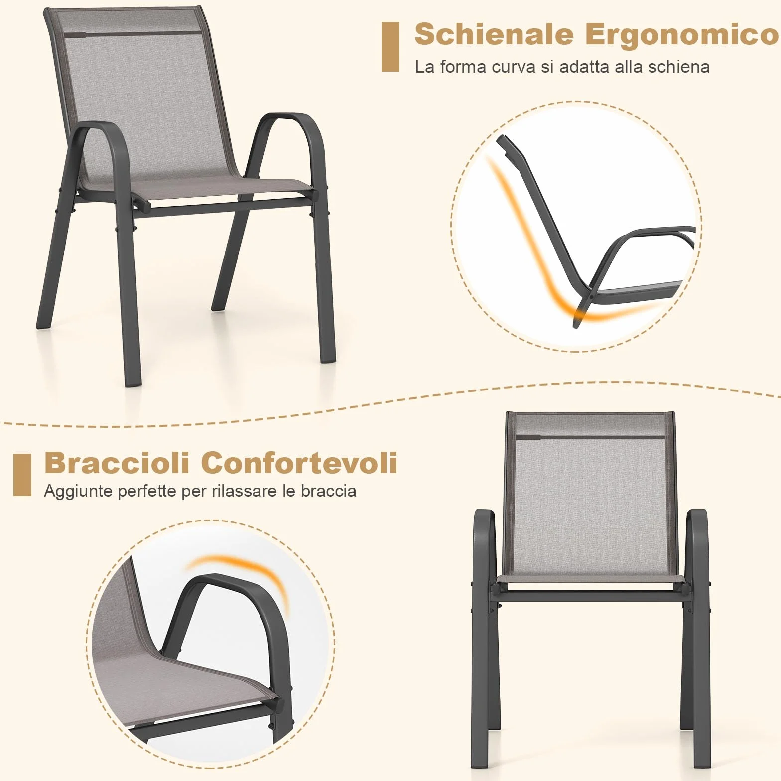 COSTWAY Set di 2 Sedie da Giardino in Textilene Impilabili Metallo 150 kg Grigio