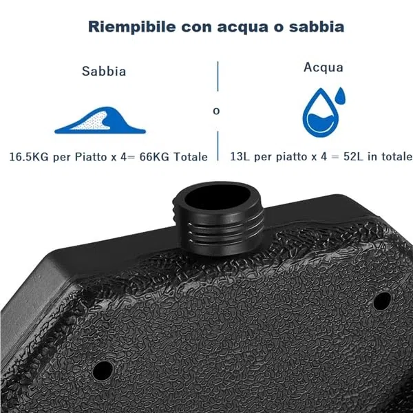 Yaheetech Base per Ombrellone Set 4 Pezzi Riempibile con Sabbia o Acqua 52L in HDPE per Esterno Giardino Veranda Nero