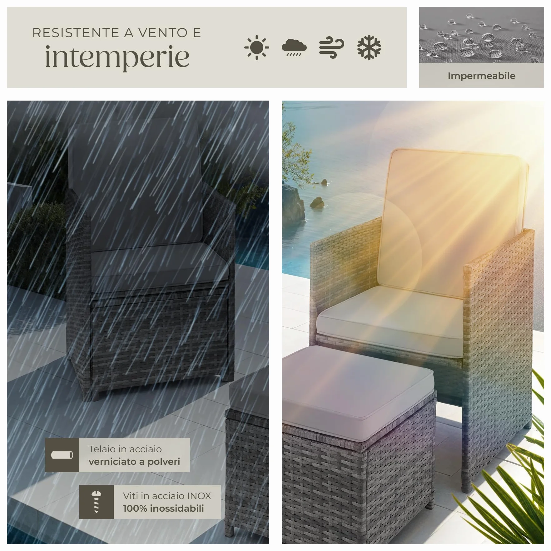 Tectake Salottino Rattan Palermo Set Sedie Cuscini Tavolino Vetro Grigio