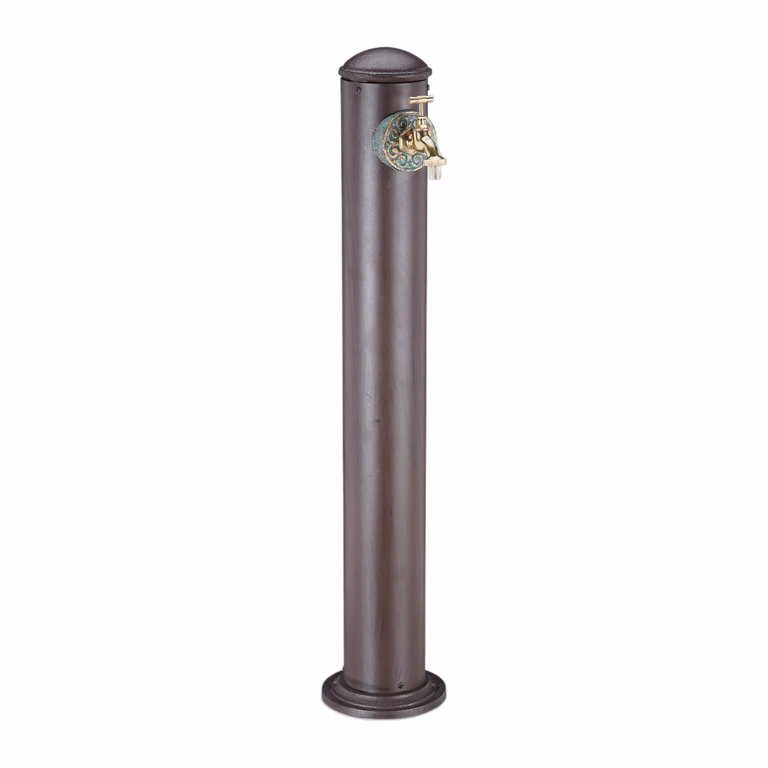 Relaxdays Fontana a Colonna da Giardino, Antica, con Rubinetto, Attacco da 3/4 Pollici, Rotonda, Alta 91 cm, Marrone
