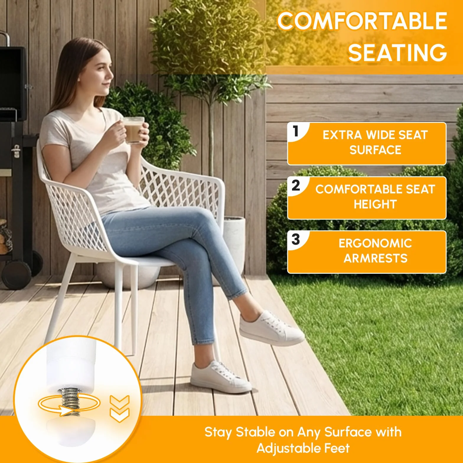 Set di 6 sedie da giardino con braccioli, resistenti fino a 120 kg, bianco