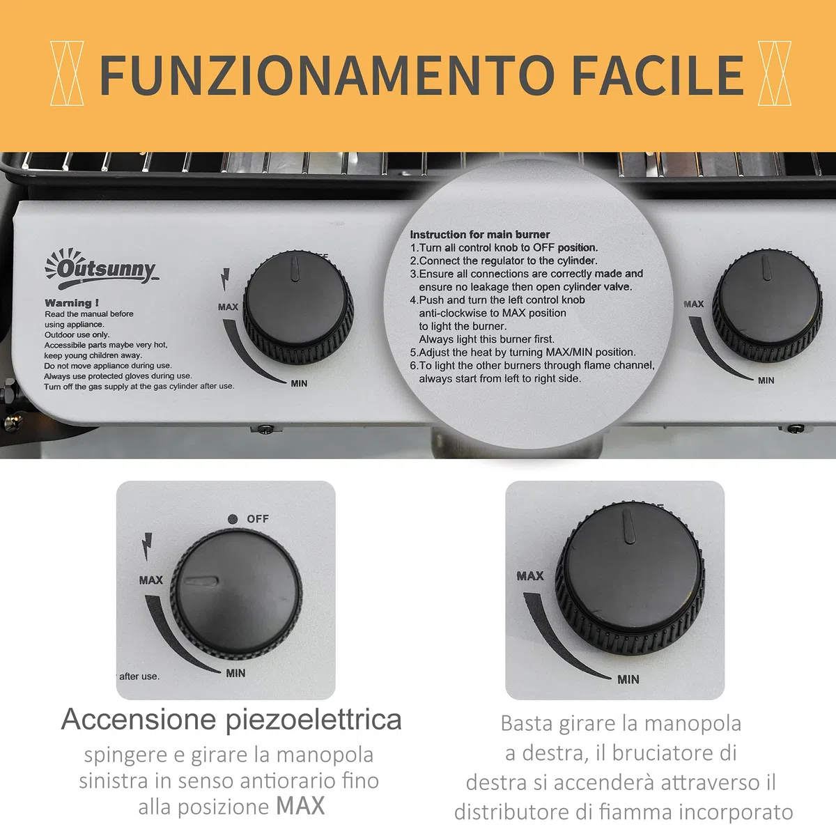 Outsunny Barbecue a Gas 5.6kW 2 Bruciatori, BBQ in Acciaio con Ruote e Mensole, 104x49x99cm Nero