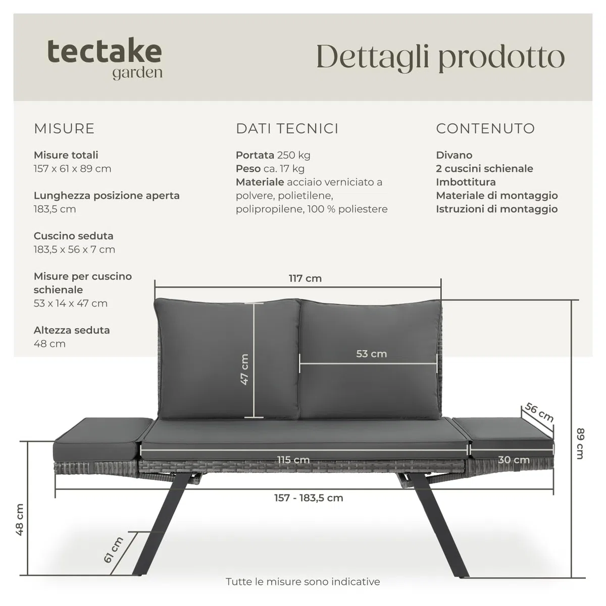 tectake® Divano Lounge in Rattan, 2 in 1, Braccioli Pieghevoli, Cuscini Morbidi, Imbottitura Spessa, Sofà in Polyrattan Resistente, Fodere Idrorepellenti, Arredamento Esterno e Interno - Grigio