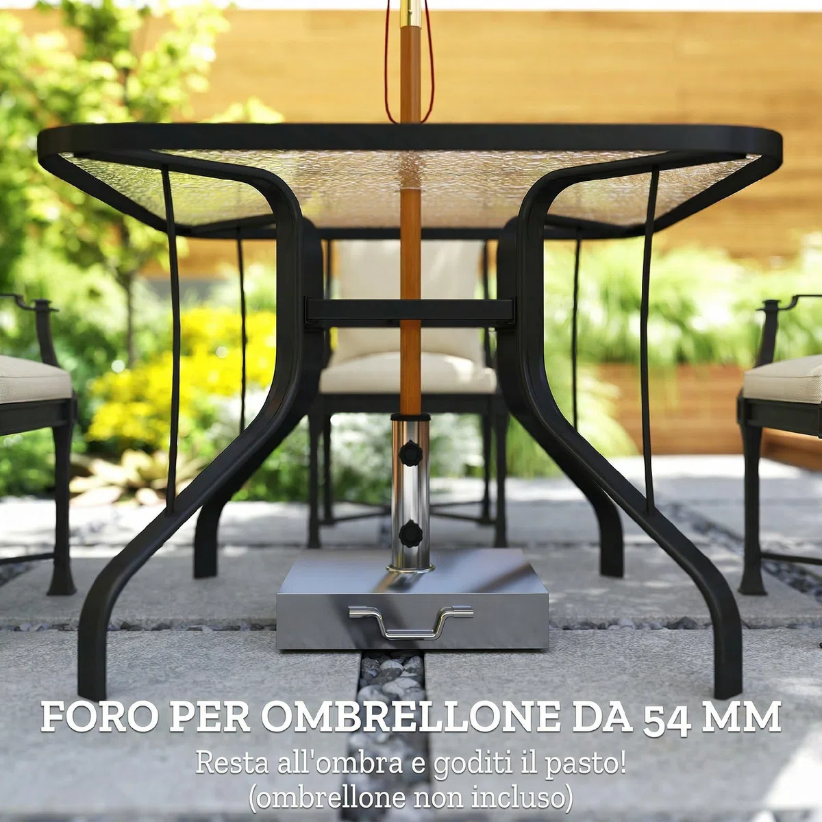Outsunny Tavolo da Giardino per 4 Persone con Foro per Ombrellone Ø43 mm, Tavola da Pranzo da Esterno in Metallo e Vetro Temperato, Per Patio, Terrazzo, Balcone ed Esterno, 96.5x96.5x72 cm, Nero
