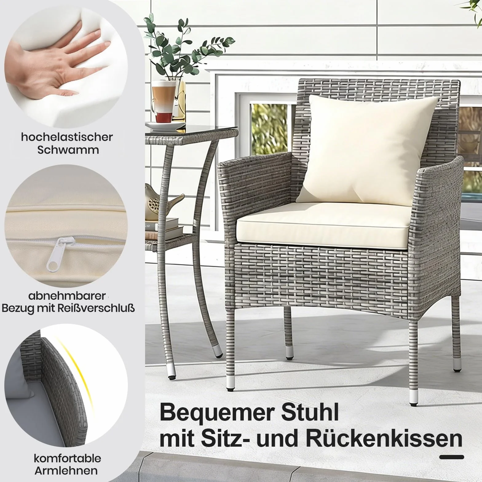 GIANTEX Set Mobili da Balcone 3 Pezzi, Tavolo e 2 Sedie in Rattan con Cuscini