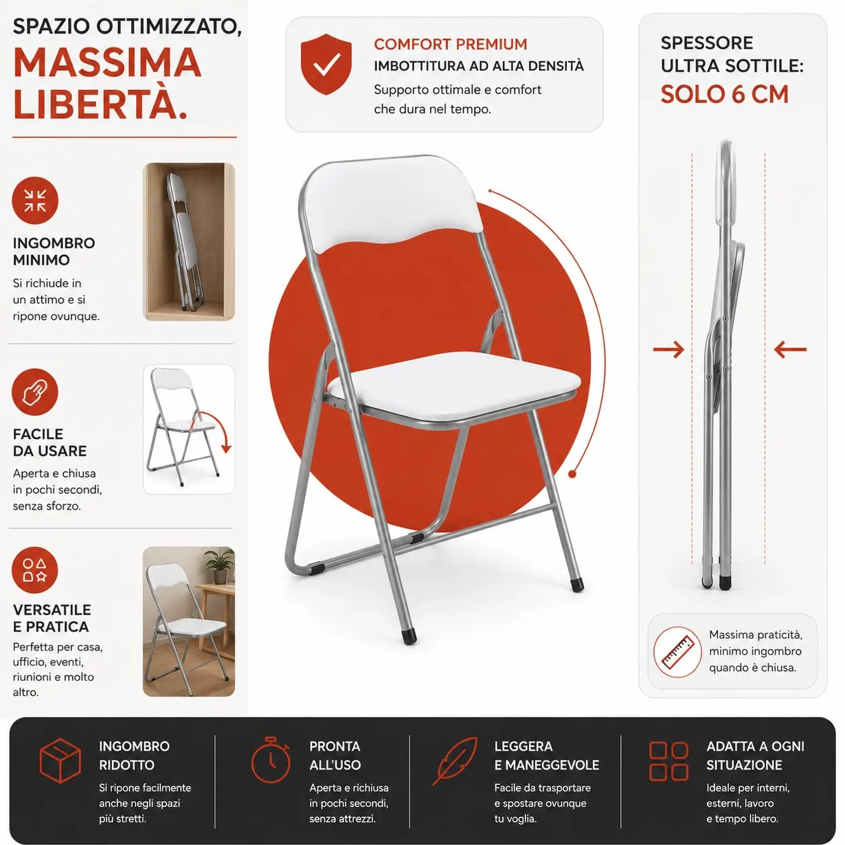 Set 6 Sedie Pieghevoli Imbottite Salvaspazio in Acciaio Bianco