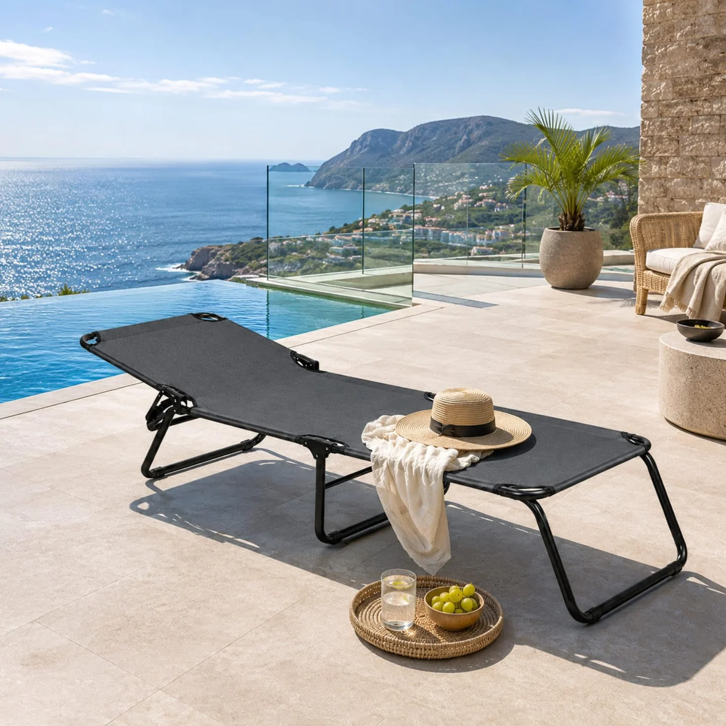 Lettino Pieghevole Prendisole Schienale Reclinabile Struttura Metallo Nero 187x53x24 cm Grigio Scuro