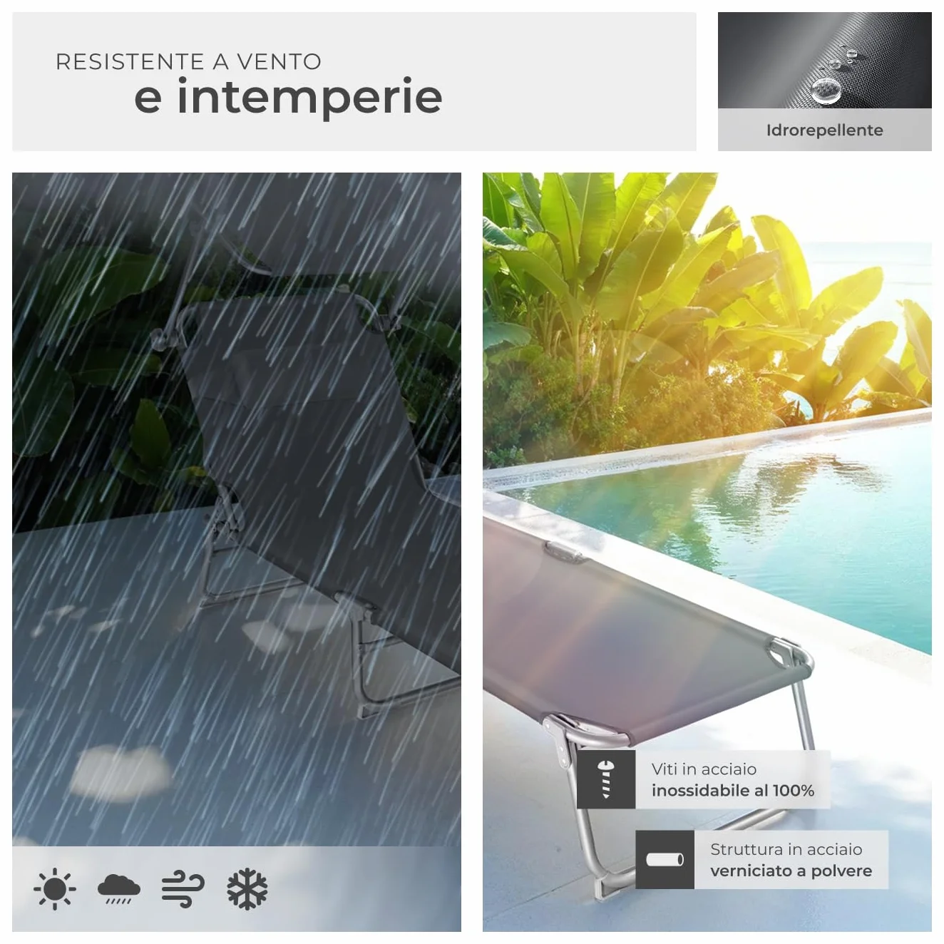 tectake Lettino Pieghevole con Parasole, Schienale Regolabile 4 Posizioni, Rivestimento Resistente - Grigio