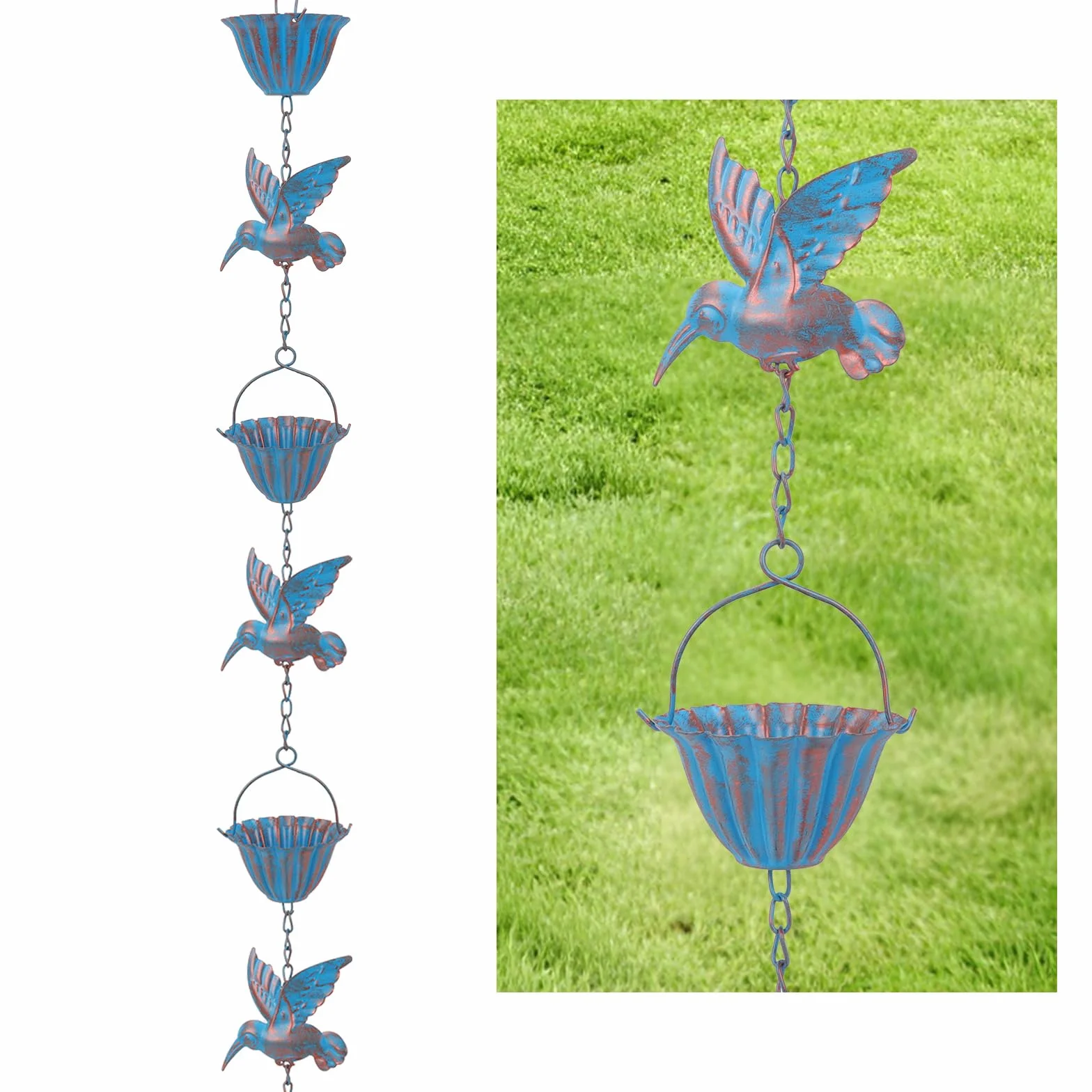 Tefola Catena antipioggia da 2,4 m con colibrì – Catena di scarico in metallo blu retrò, 7 uccelli e 7 tazze per grondaie, decorazioni da giardino e casa