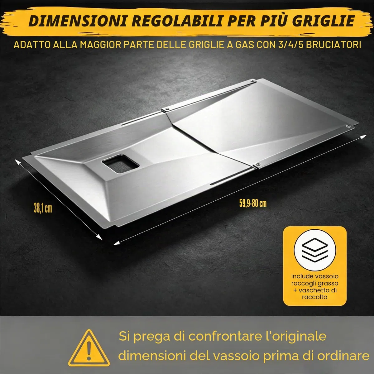 GFTIME vaschetta raccogli Grasso Universale con Vasca di Raccolta da 60 cm Fino a 80 cm per Charbroil, DynaGlo, Nexgrill, Kenmore, Uniflame e Altro Ancora, Regolabile per bruciatori a Gas da 3/4/5