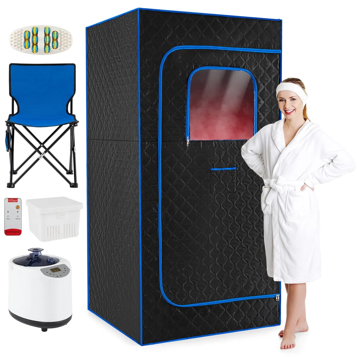 COSTWAY Cabina Sauna a Vapore 3L 1200W Riscaldamento Rapido 15 Livelli Temperatura Timer 99 Minuti Sedia Pieghevole Tappetino Blu