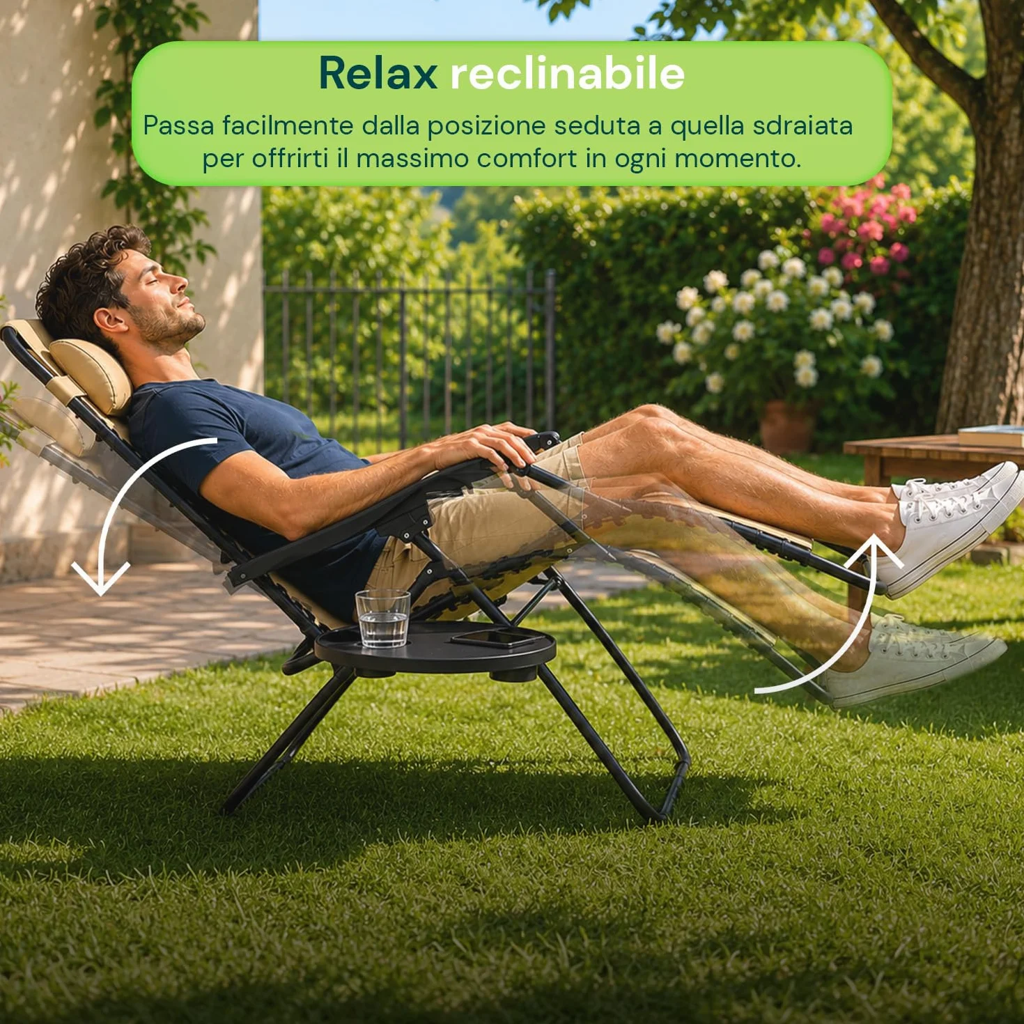 Avilia - Sedia da Giardino Pieghevole con Vassoio Laterale Portabevande – Ferro, Seduta Teslin, 120 kg | Sedia Giardino Pieghevole Reclinabile, L65×P87/176×A108/80 cm, Facile da Pulire