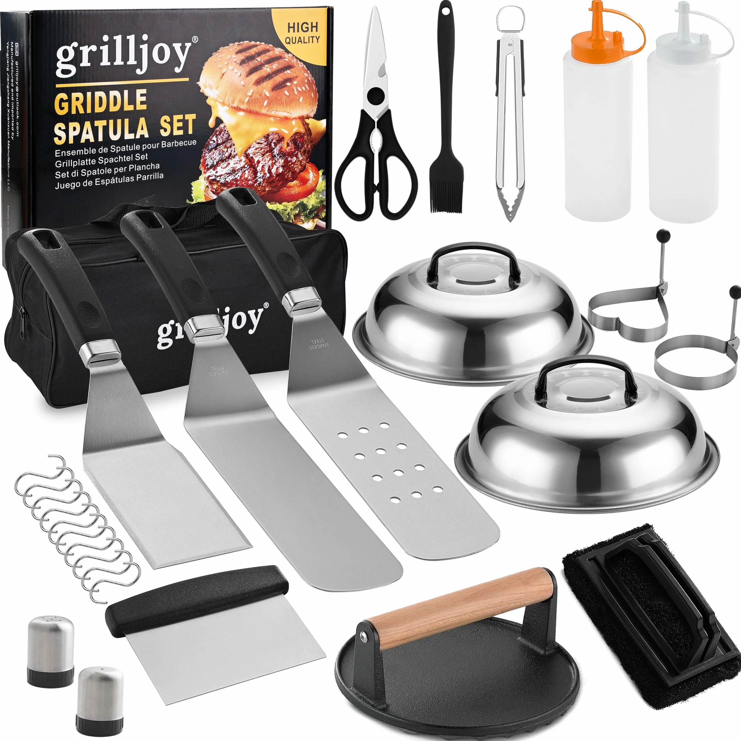 Grilljoy Set Barbecue Professionale in Acciaio Inox, Utensili per Griglia, Spatola per Piastre, Kit Smash Burger con Pressa per Hamburger in Ghisa, 28 Pezzi Accessori BBQ per Uomo