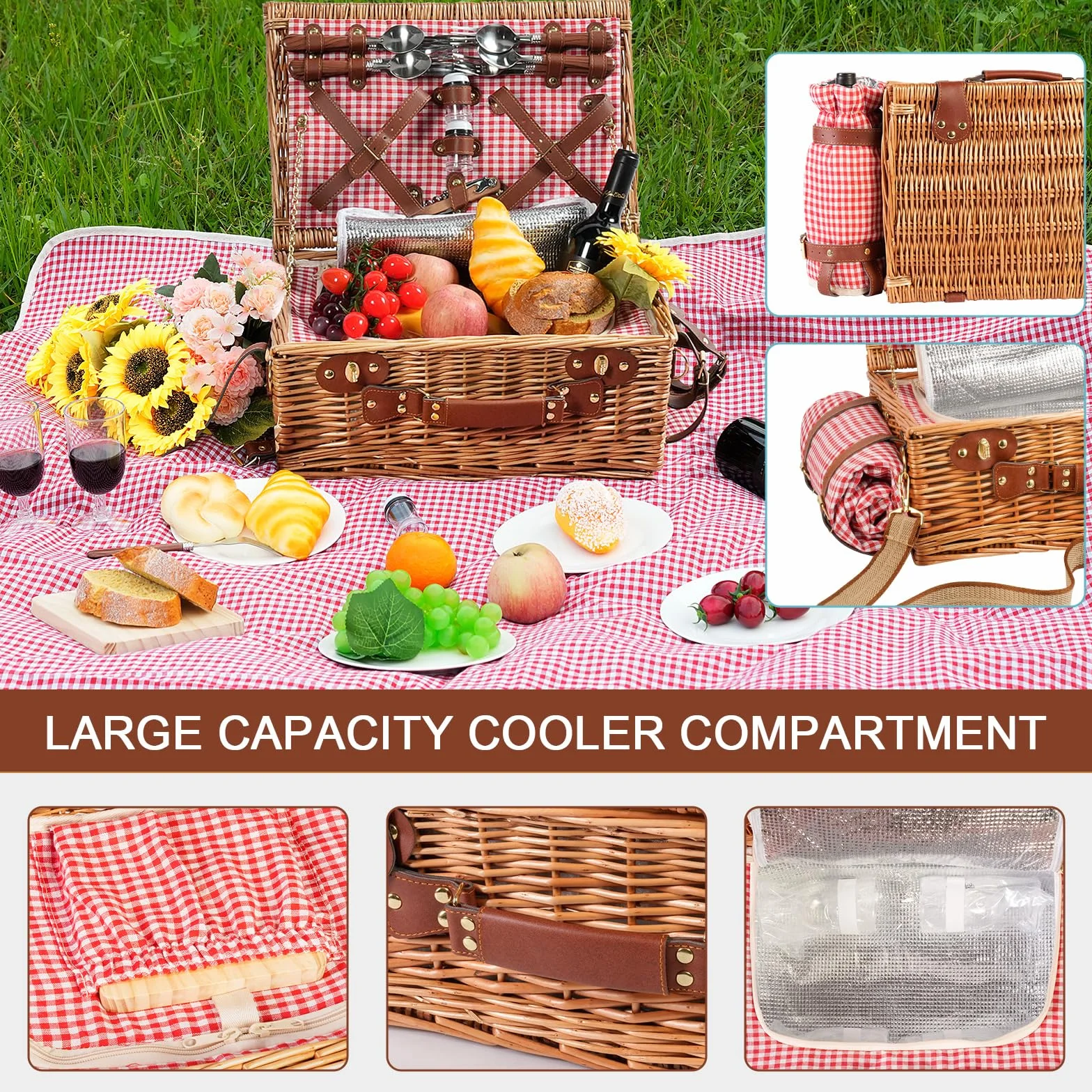 Set di cestini da picnic per 4 persone con scomparto refrigerante e coperta impermeabile