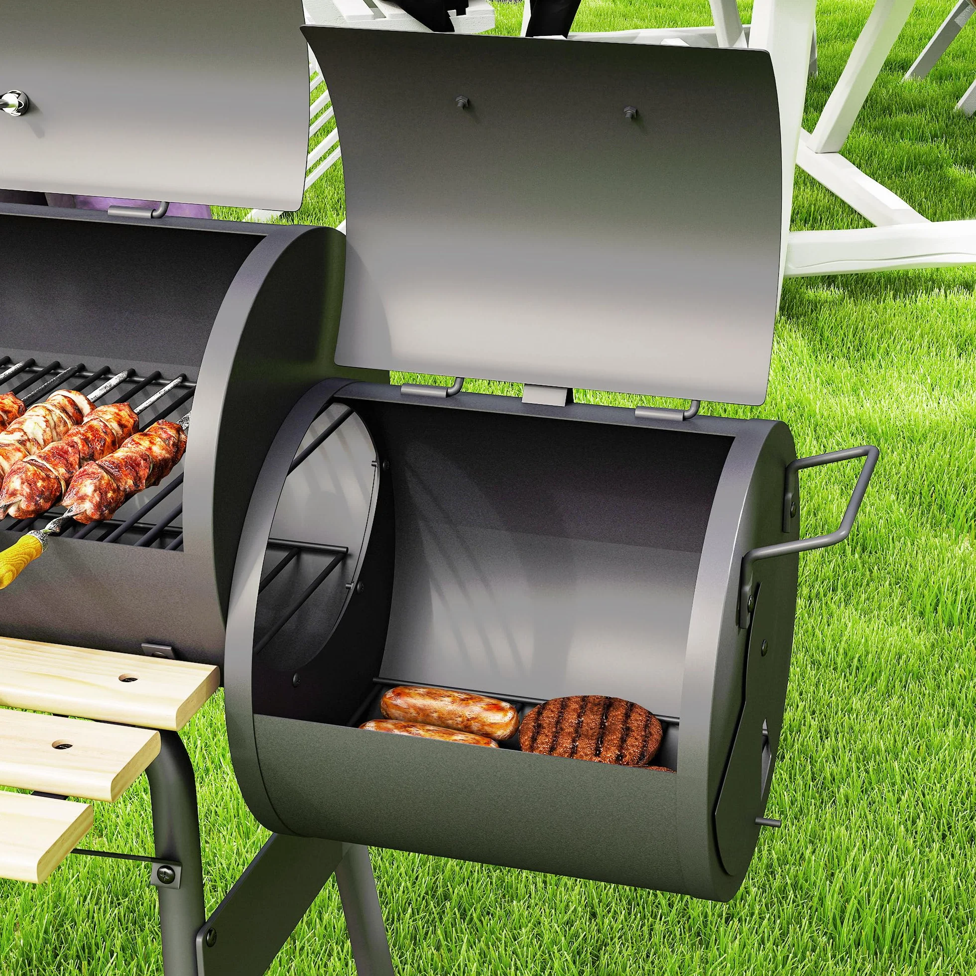 Outsunny Barbecue a Carbone con Coperchio e Affumicatore, BBQ da Giardino 124x53x104 cm Nero